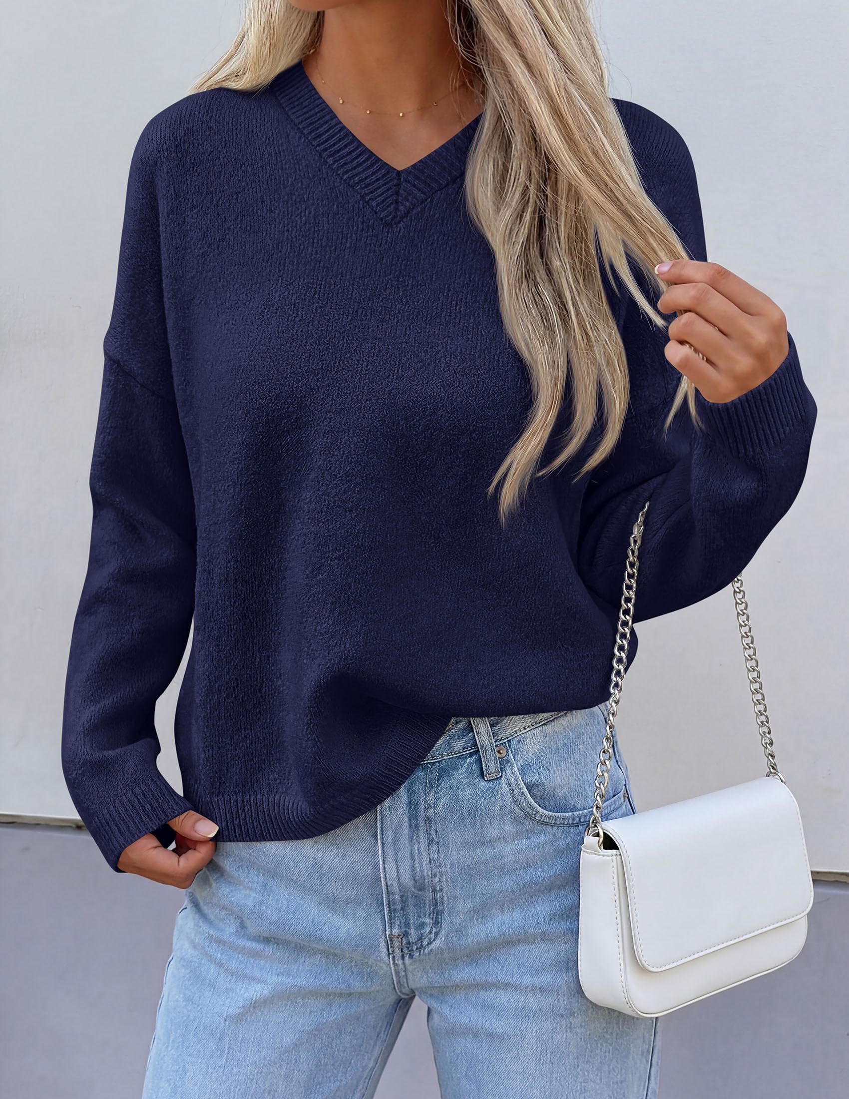 Women's Cozy Sweaters Fall Fashion V Neck Tops Navy Blue,S