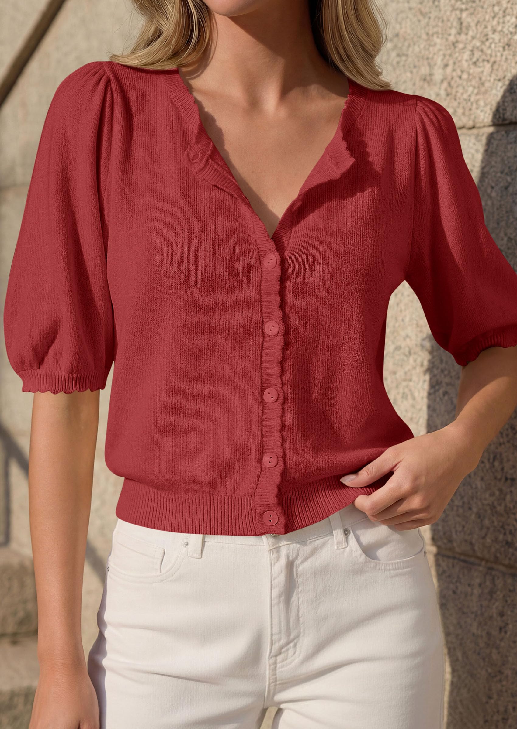 Women Short Sleeve Lightweight Knit Cardigans, Rust,S