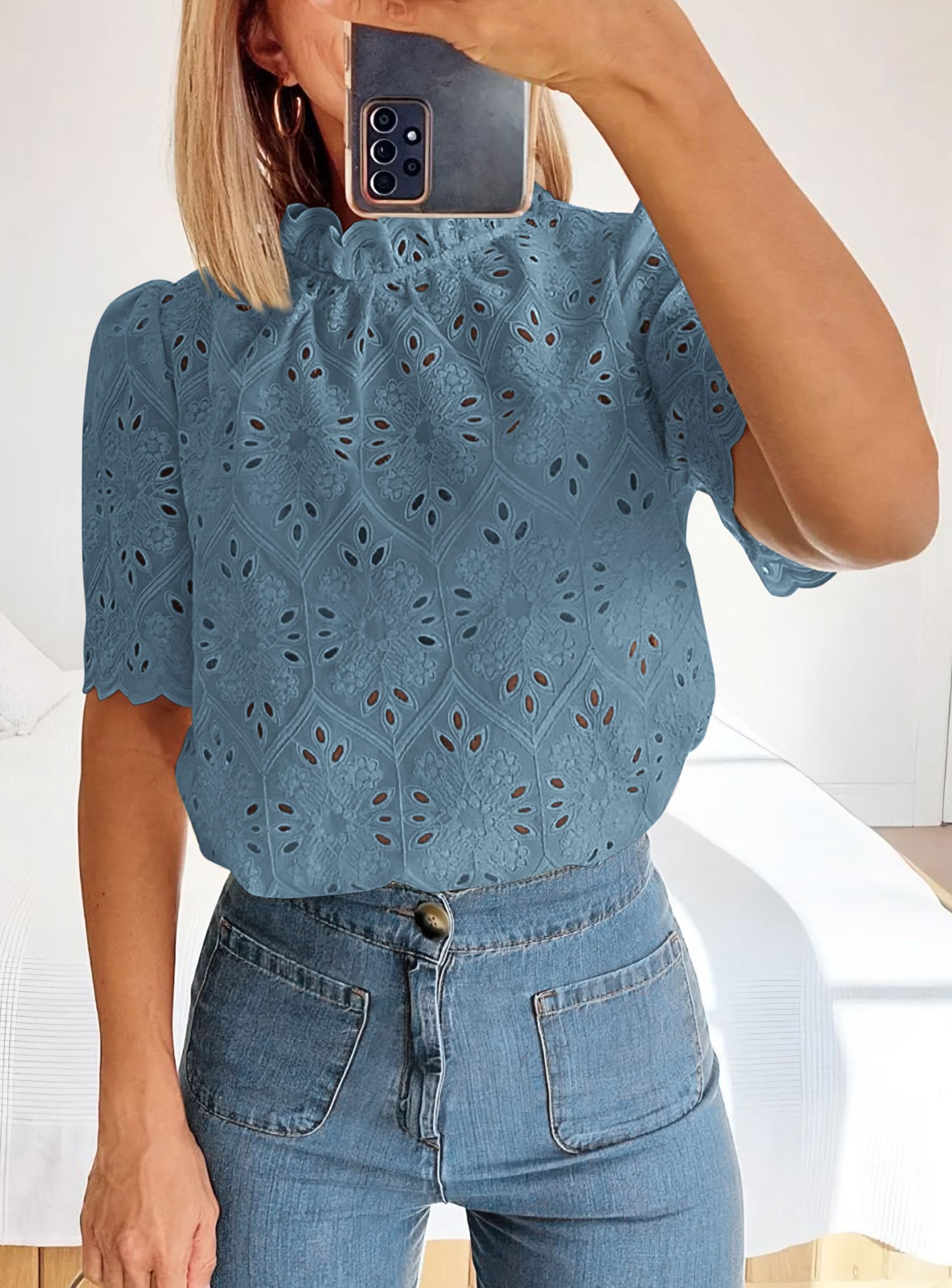 Women Summer Tops Eyelet Embroidered Shirts,Blue Grey,XS