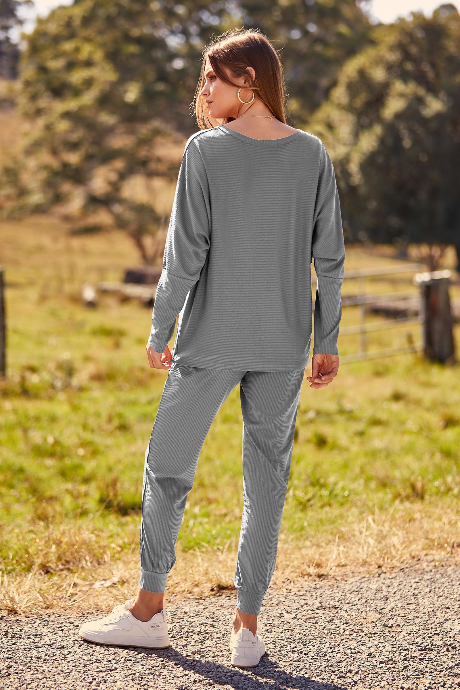 Women's 2 Piece Fall Outfits Matching Ribbed Knit Lounge Sets