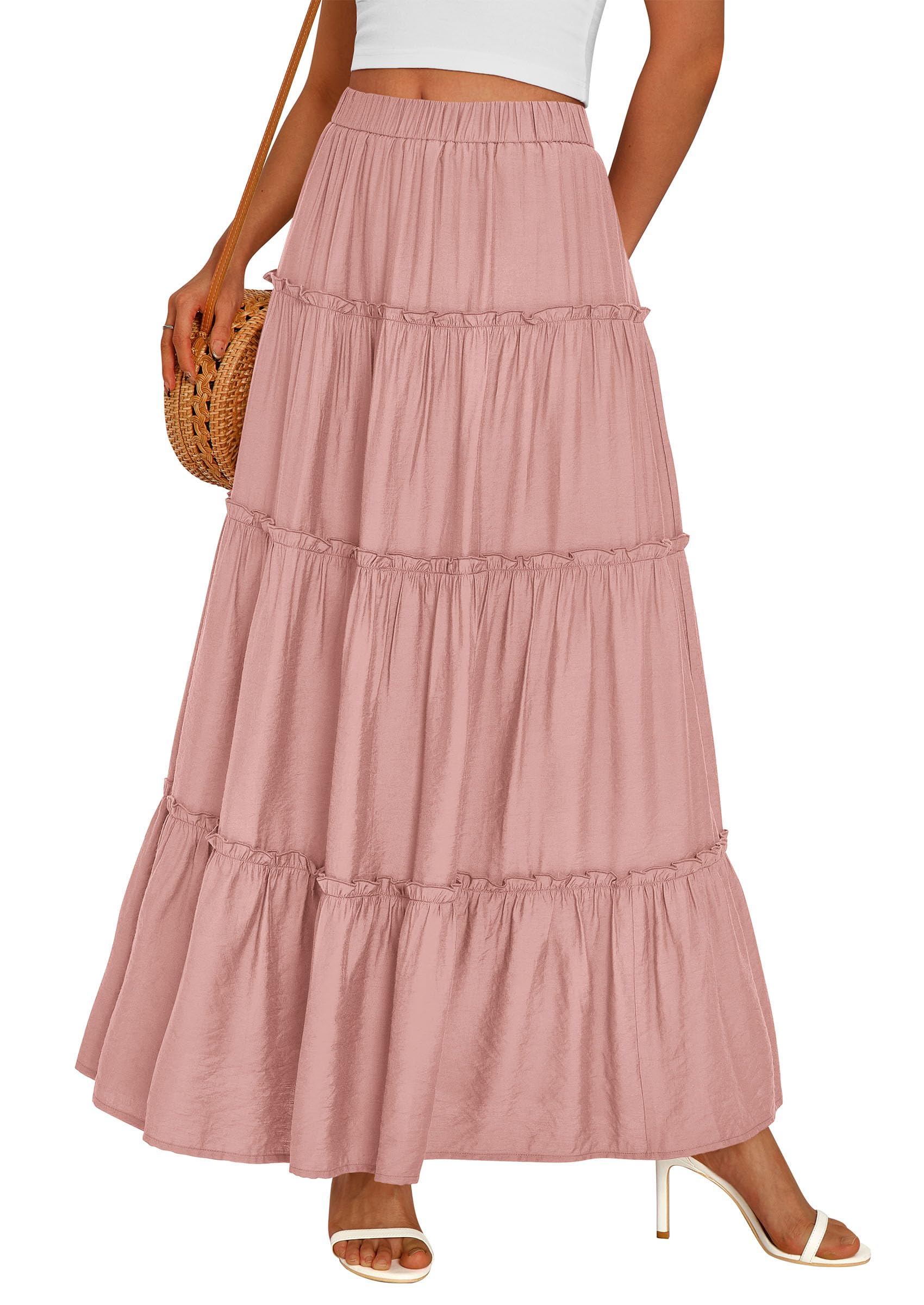 Women's Boho Tiered Ruffle Flowy Maxi Skirt, Pink,S