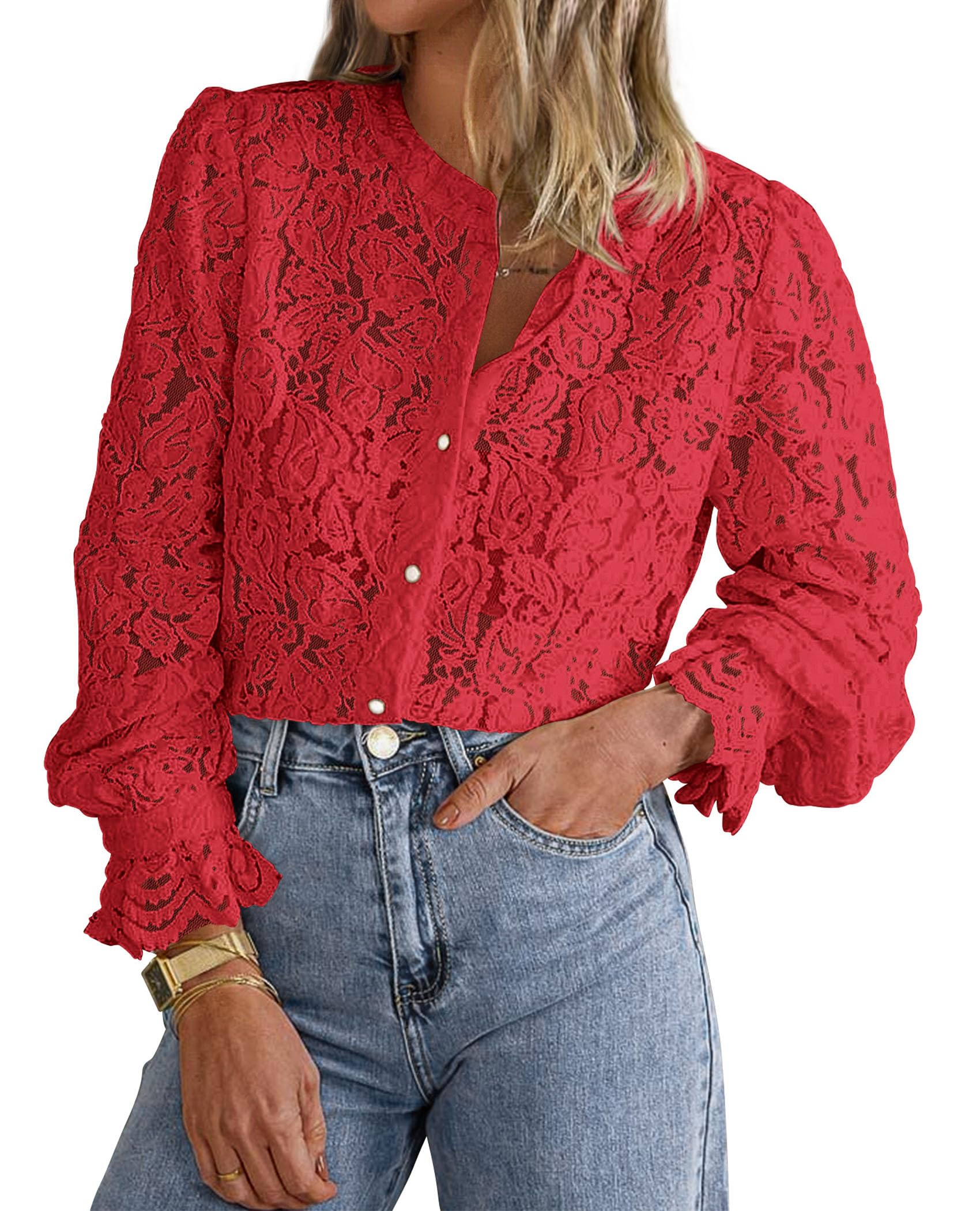 Women's Fall Trendy Long Sleeve Lace Tops(Red,Small)
