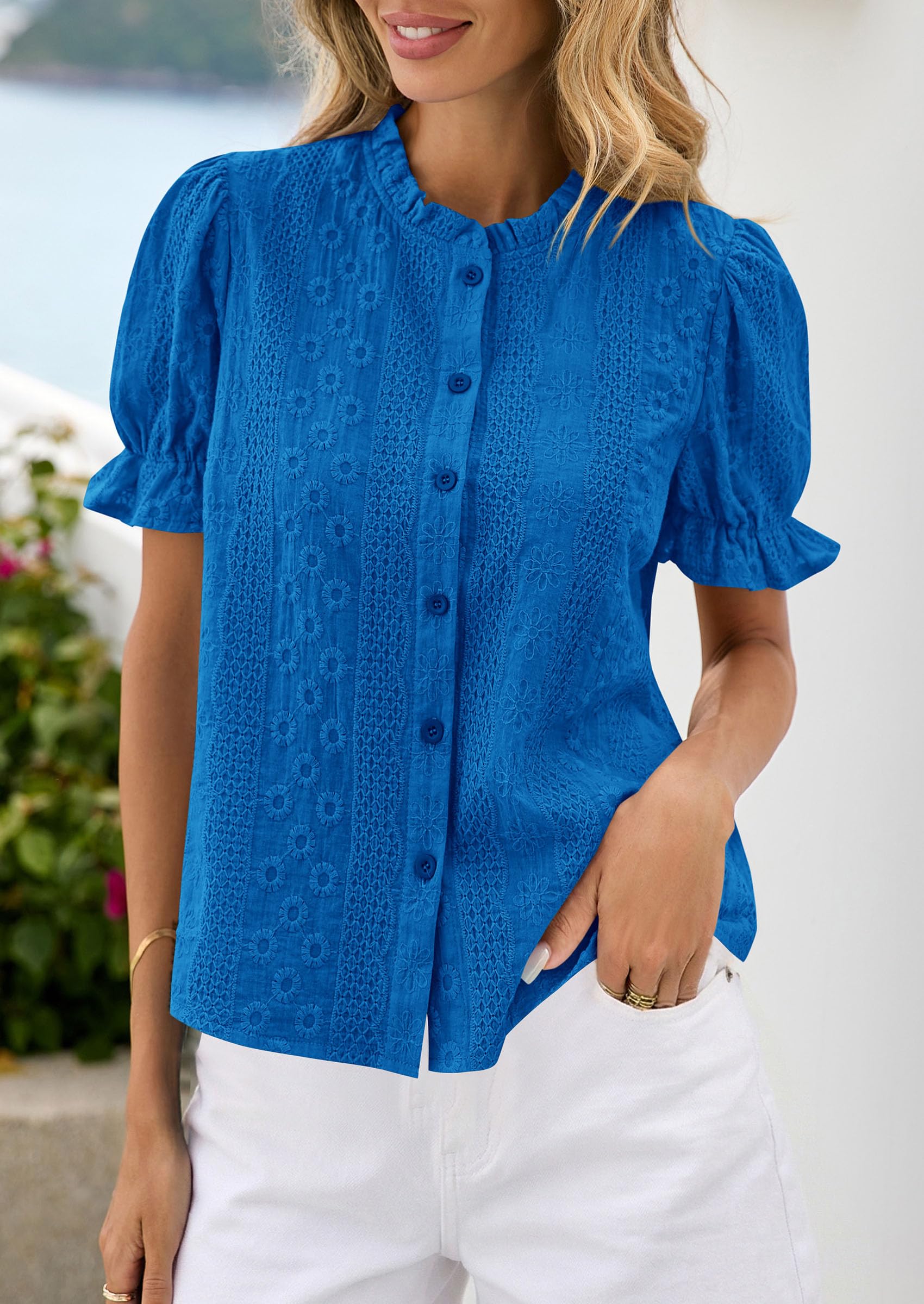 Womens Embroidered Puff Short Sleeve Tops,Royal Blue,S
