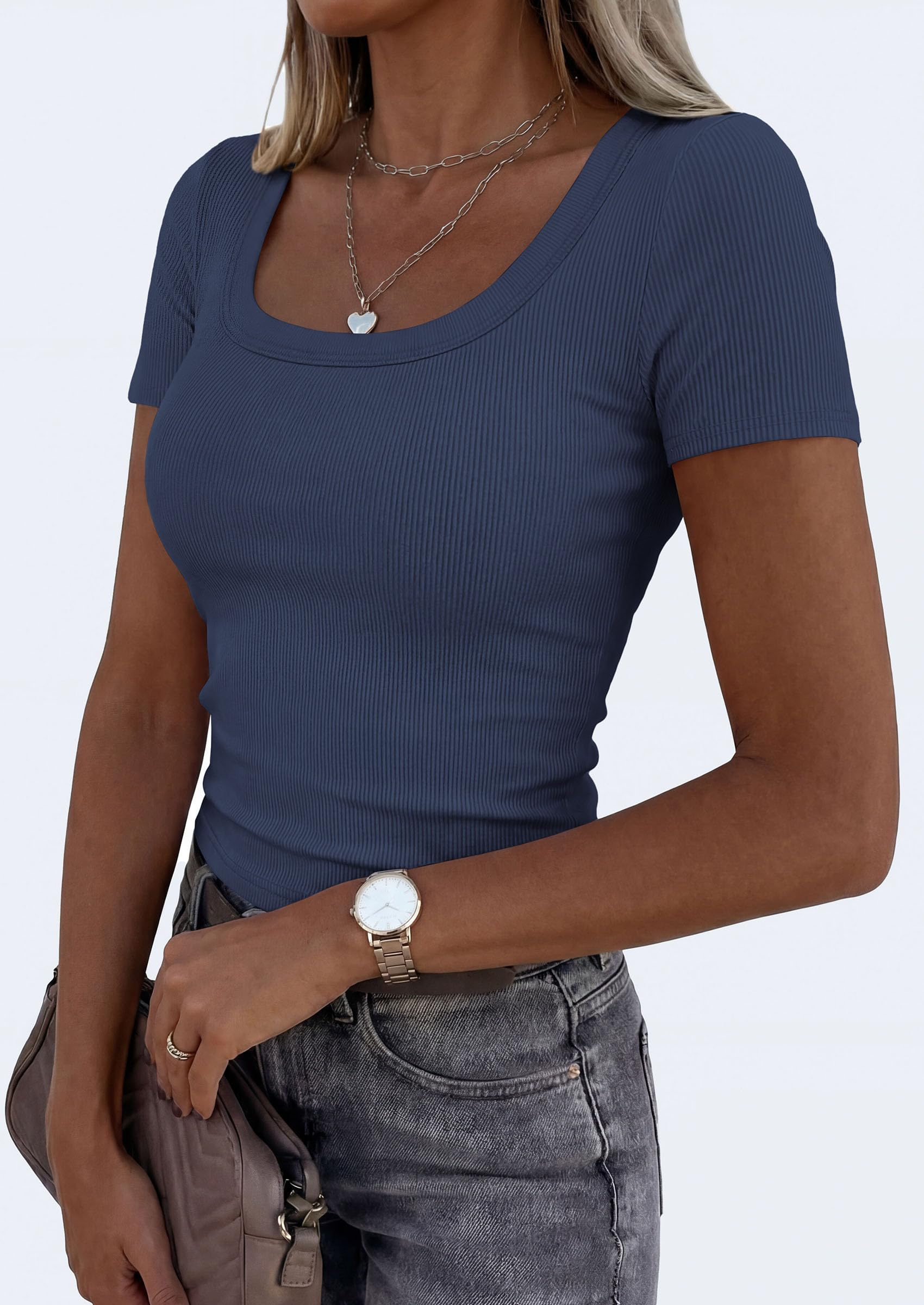 Womens Summer Short Sleeve Scoop Neck Tops,Dark Blue,M