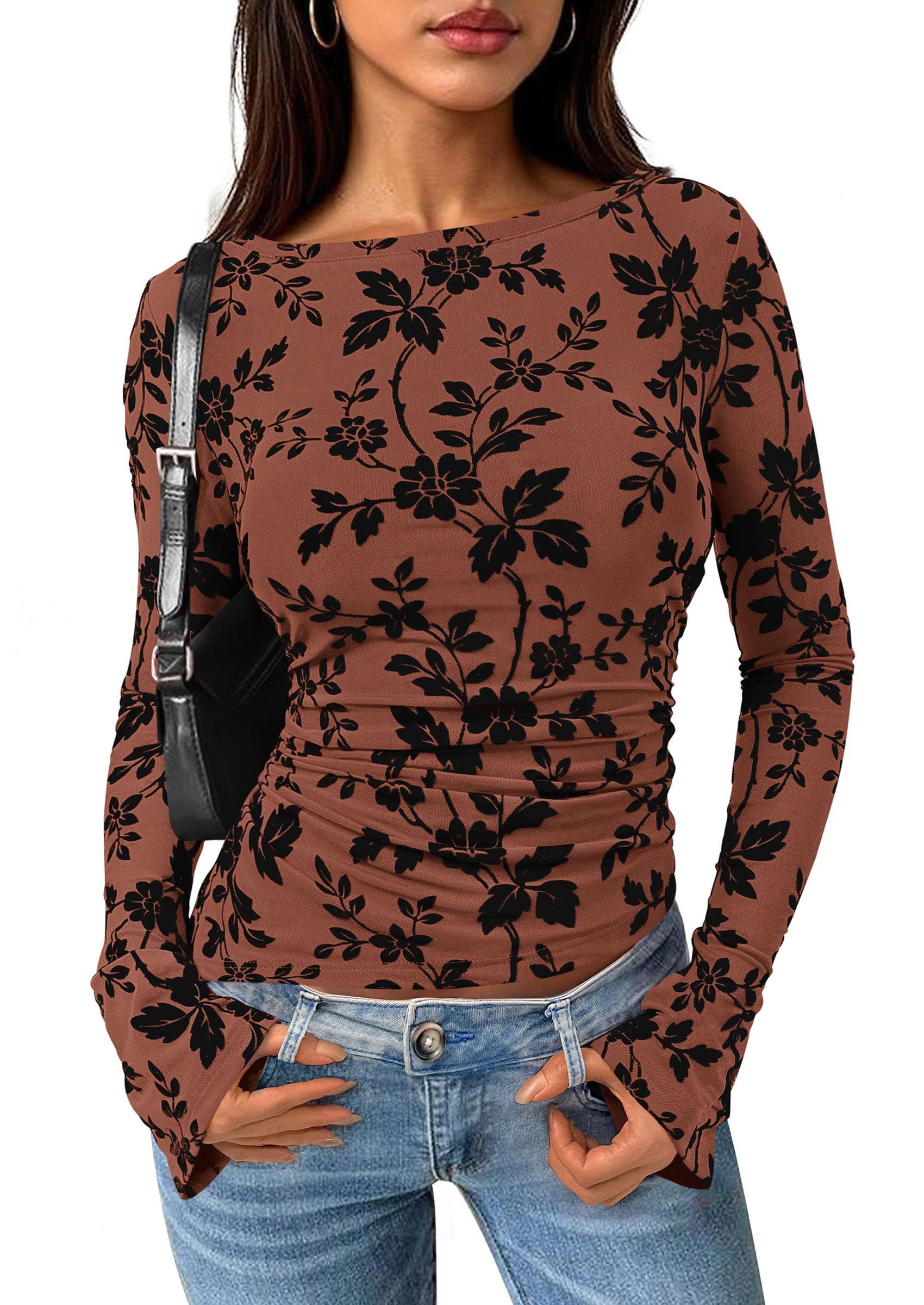 Women's Long Bell Sleeve Y2K Tops Boho Floral Mesh Blouses