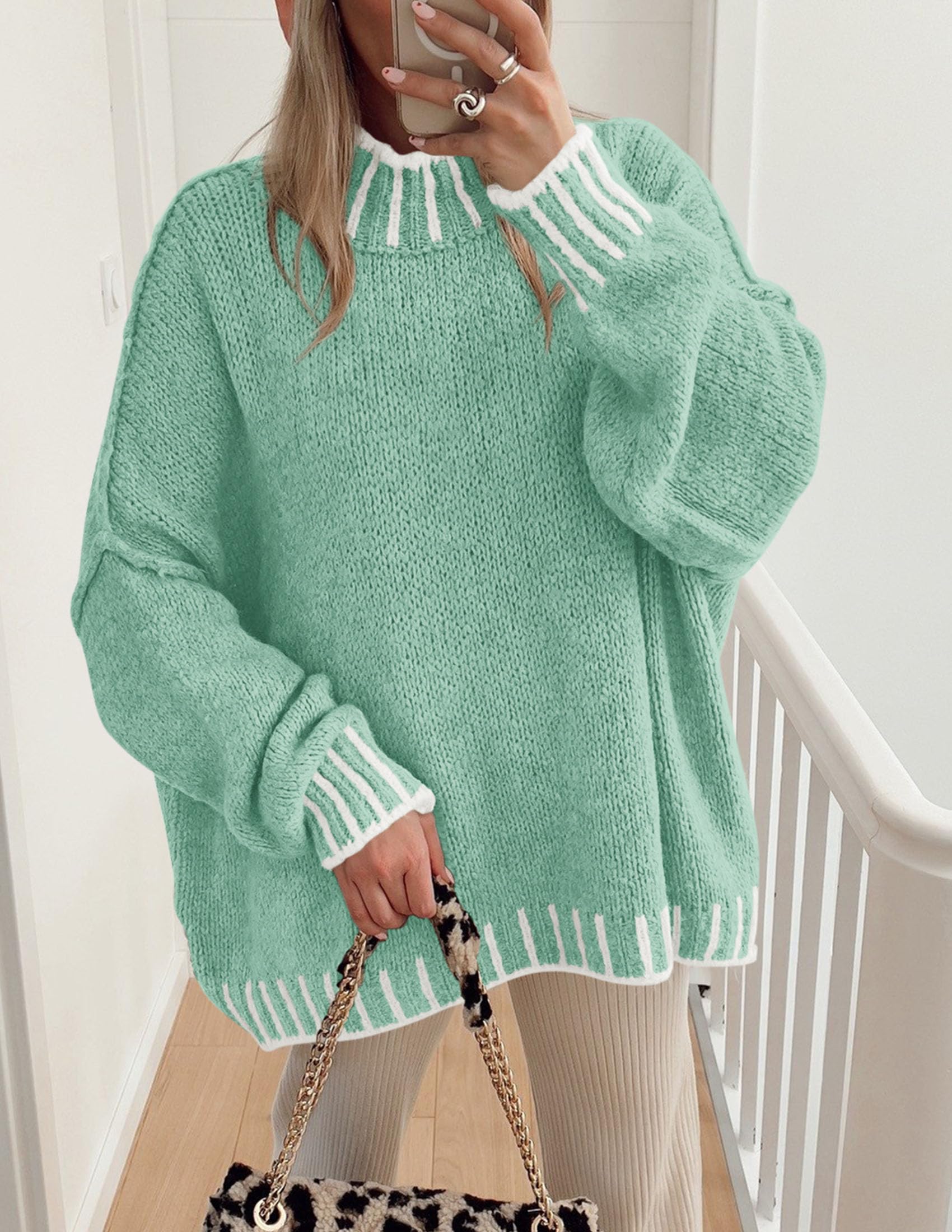 Women's Mock Neck Oversized Pullover Sweaters,Light Green,XS