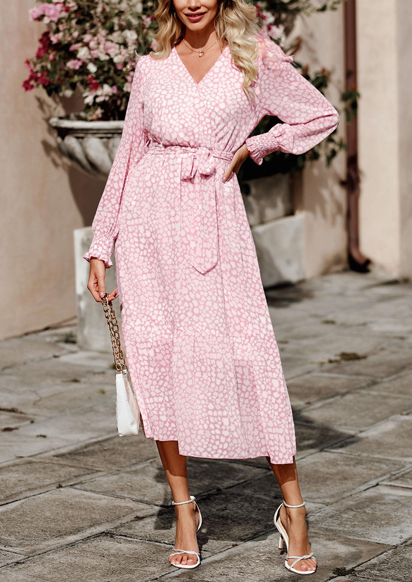 Women's Floral Boho Long Sleeve Maxi Dress, Pink,M