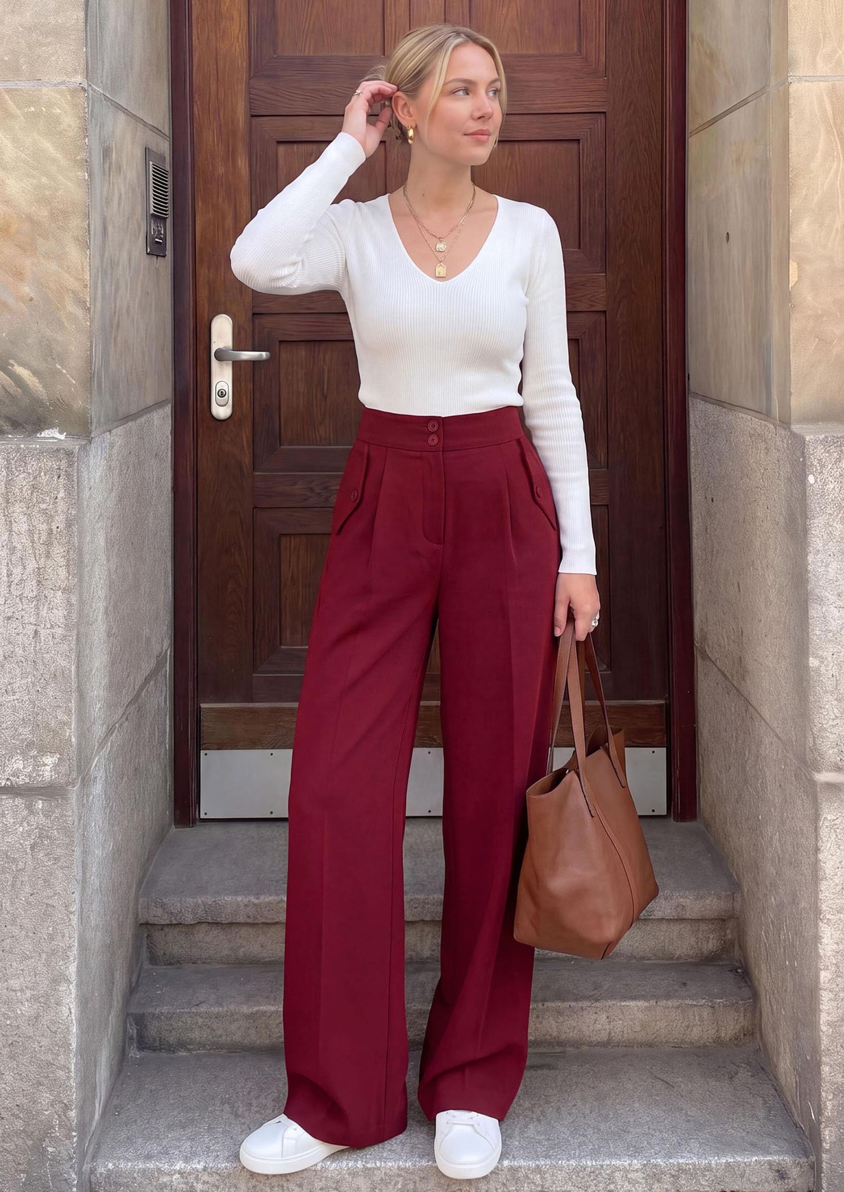 Women's Wide Leg Work Dress Pants Trousers (Burgundy,S)