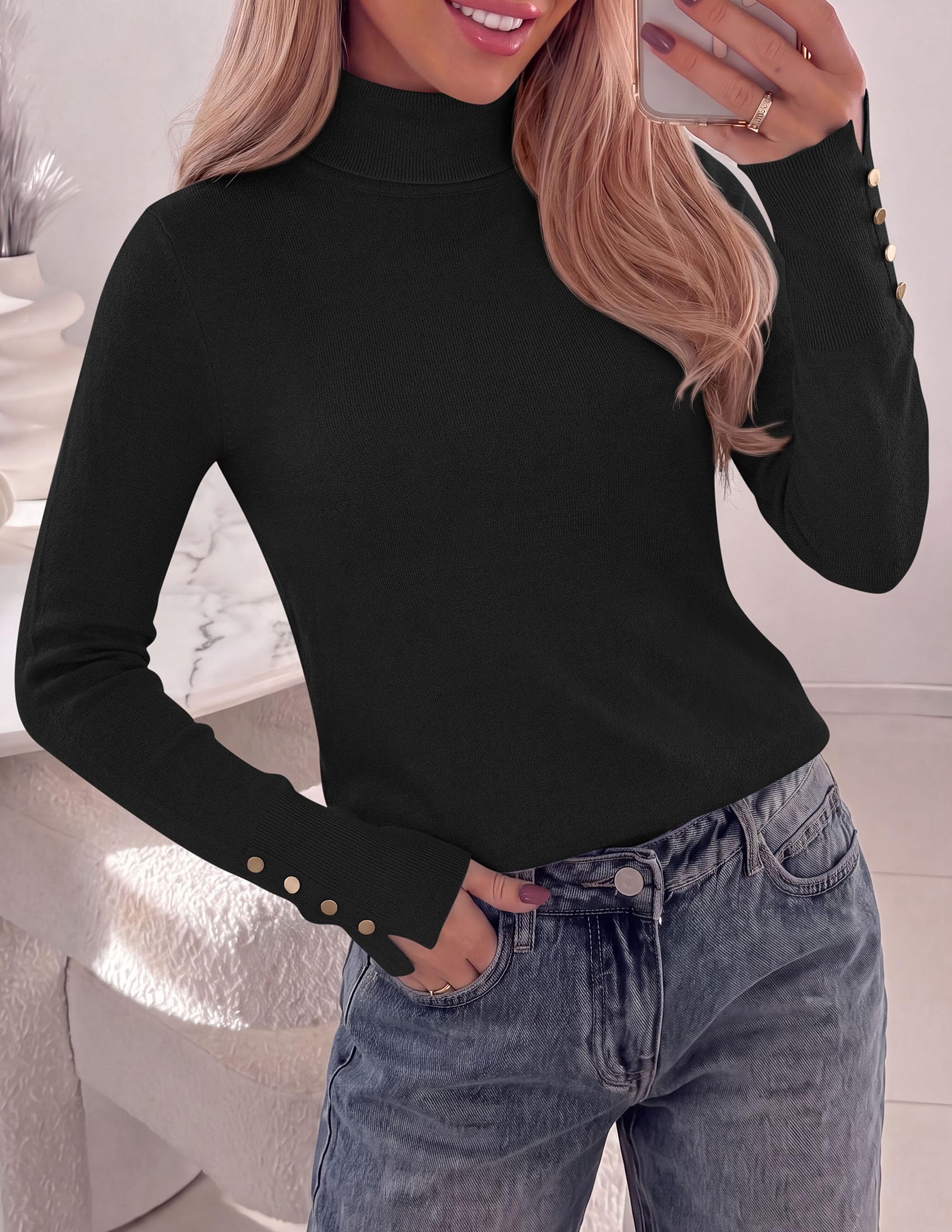 Women Turtleneck Sweaters Fall Long Sleeve Tops,Black,M