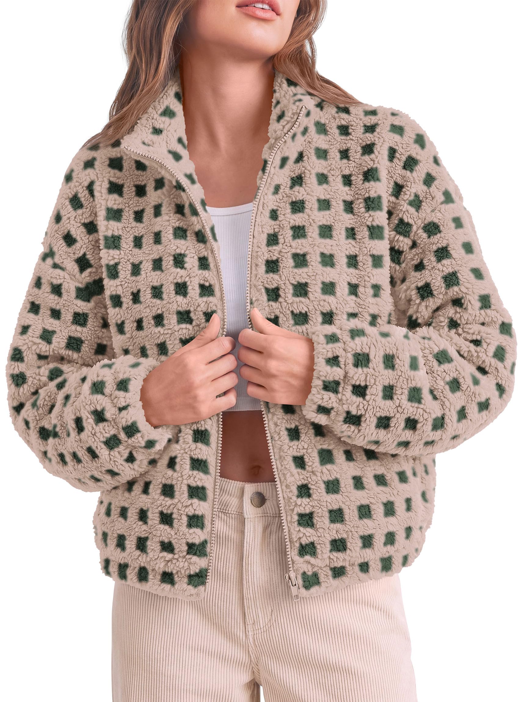Women's Gingham Sherpa Fleece Jacket Plaid Cropped Teddy Coat