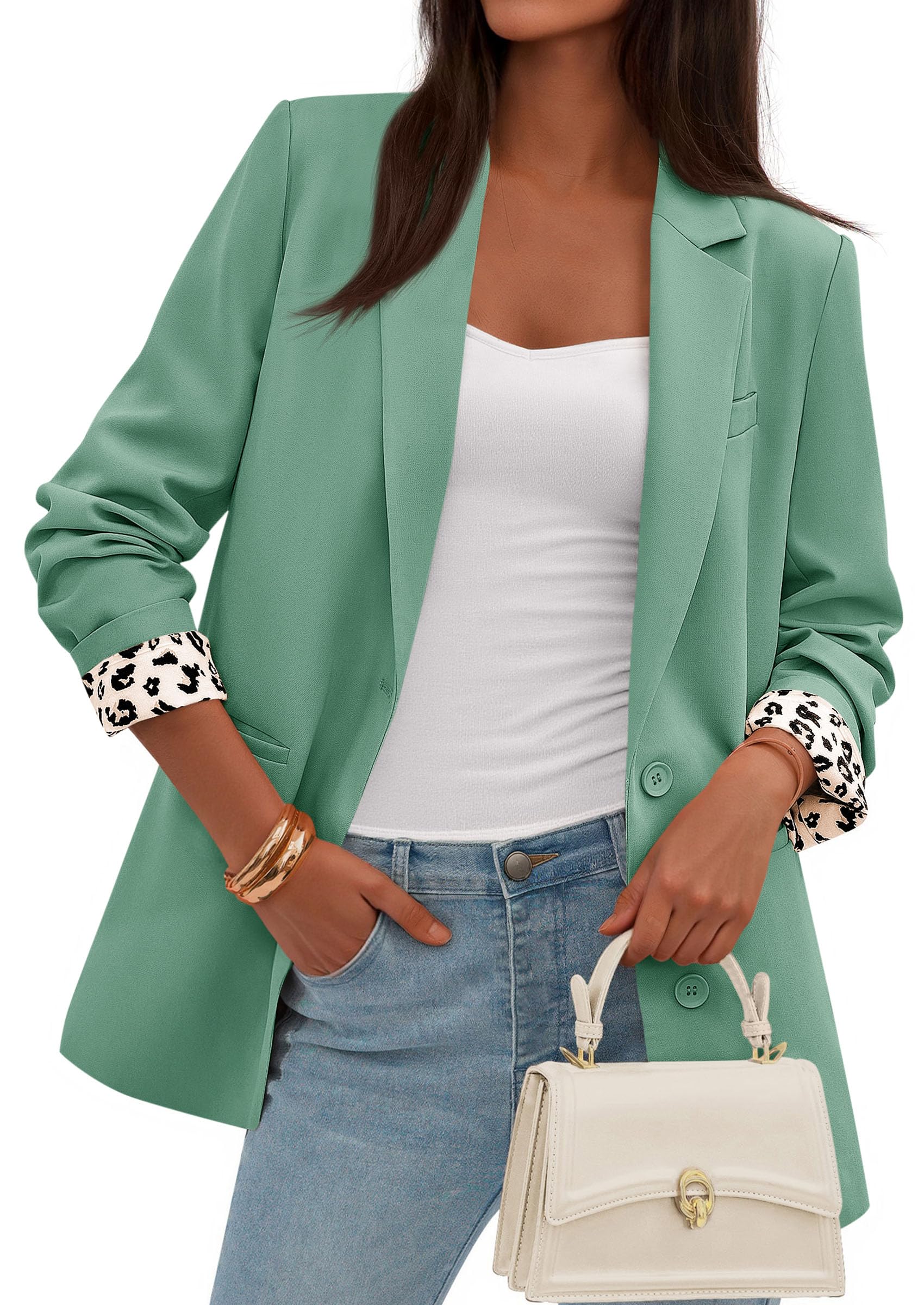 Womens Open Front Leopard Blazers Suit Jackets,Light Green,S
