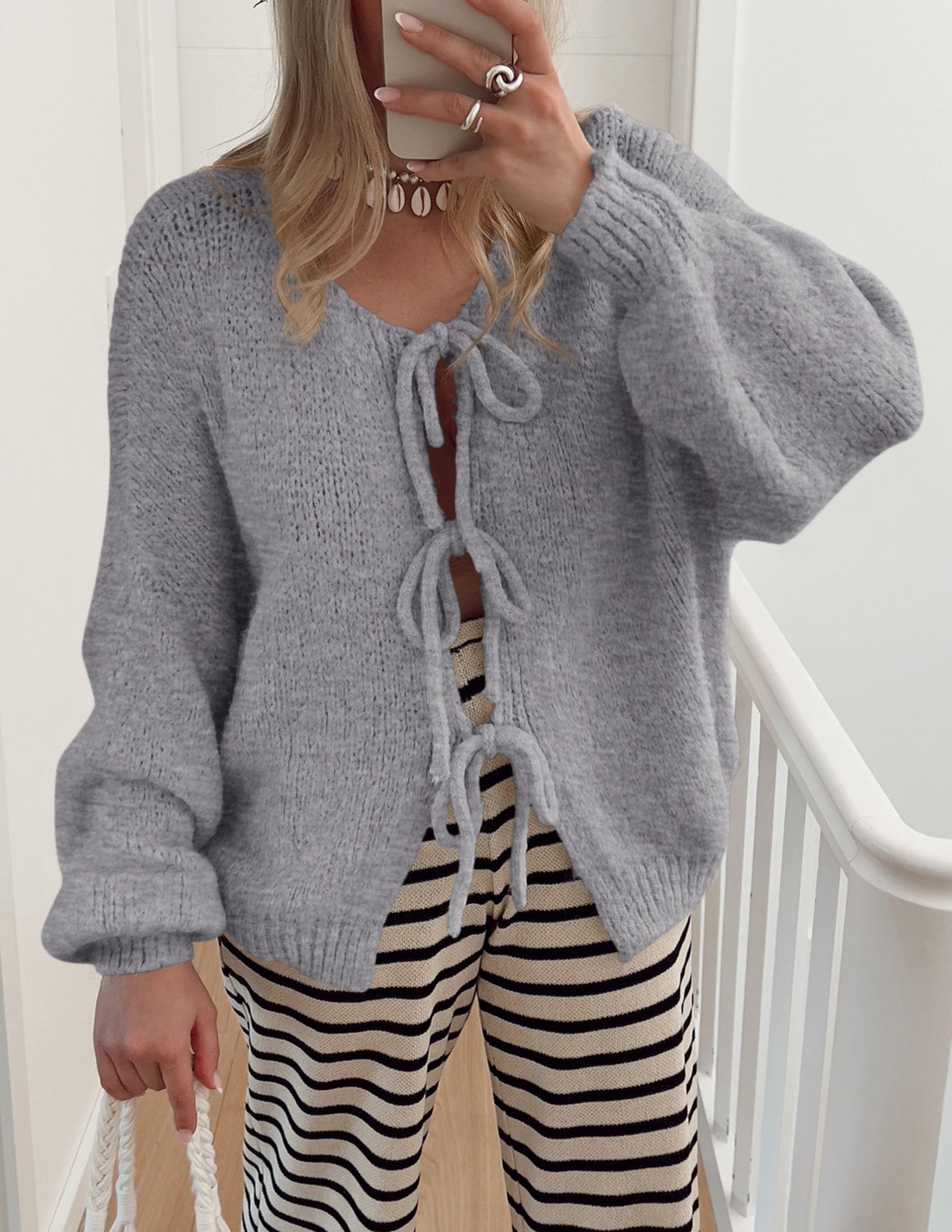 Women's Tie Front Bow Cardigan Sweaters(Grey,Small)