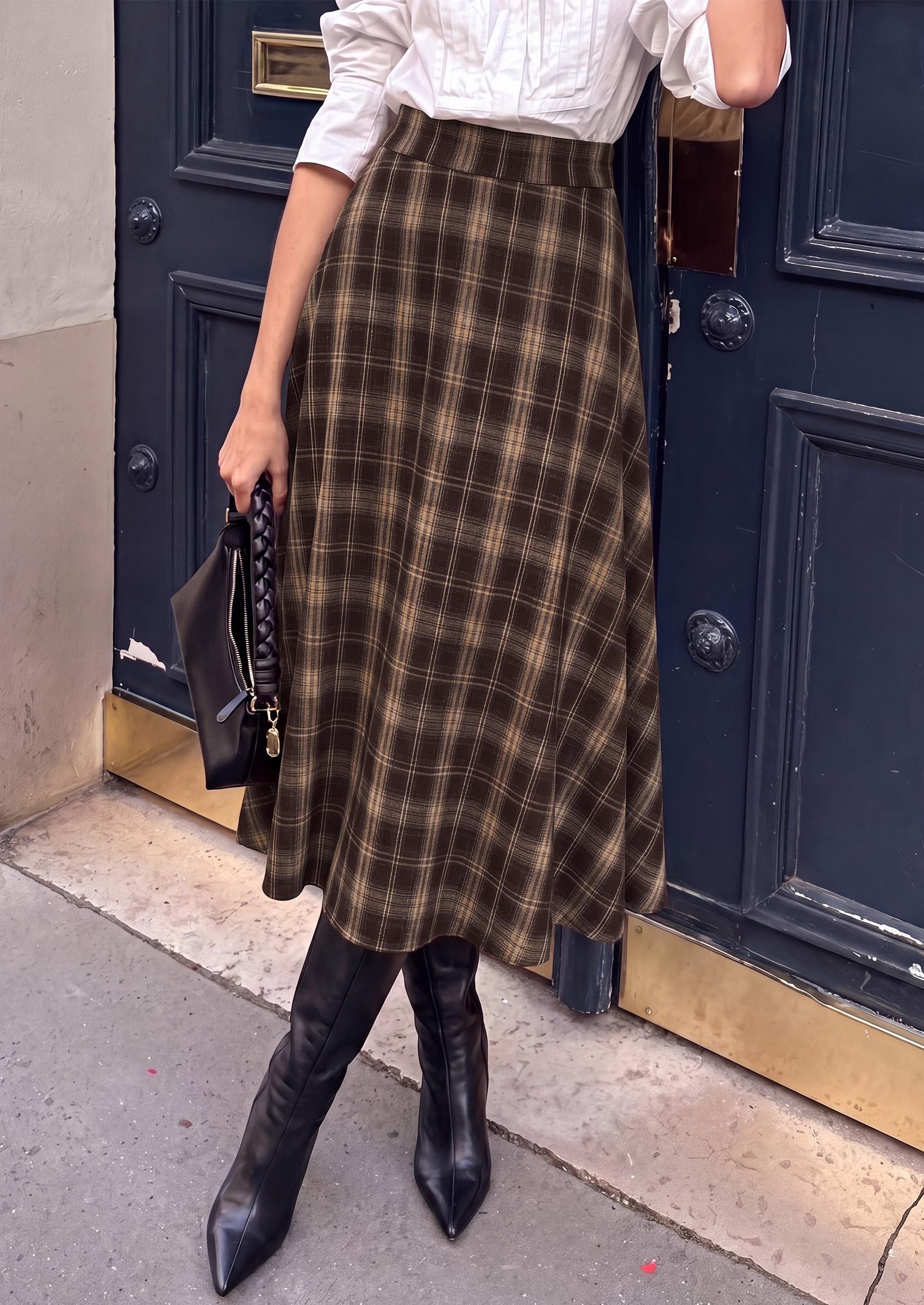 Women's Plaid High Waisted A-Line Midi Skirts,Brown,L