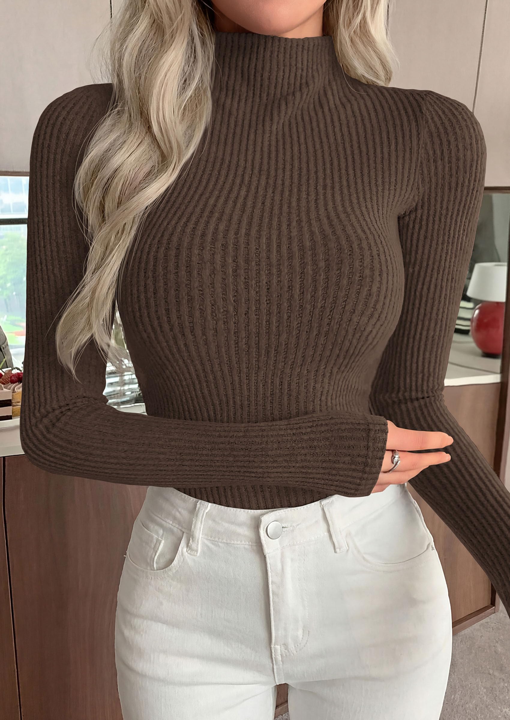Long Sleeve Shirts for Women Fall Ribbed Mock Turtleneck Tops