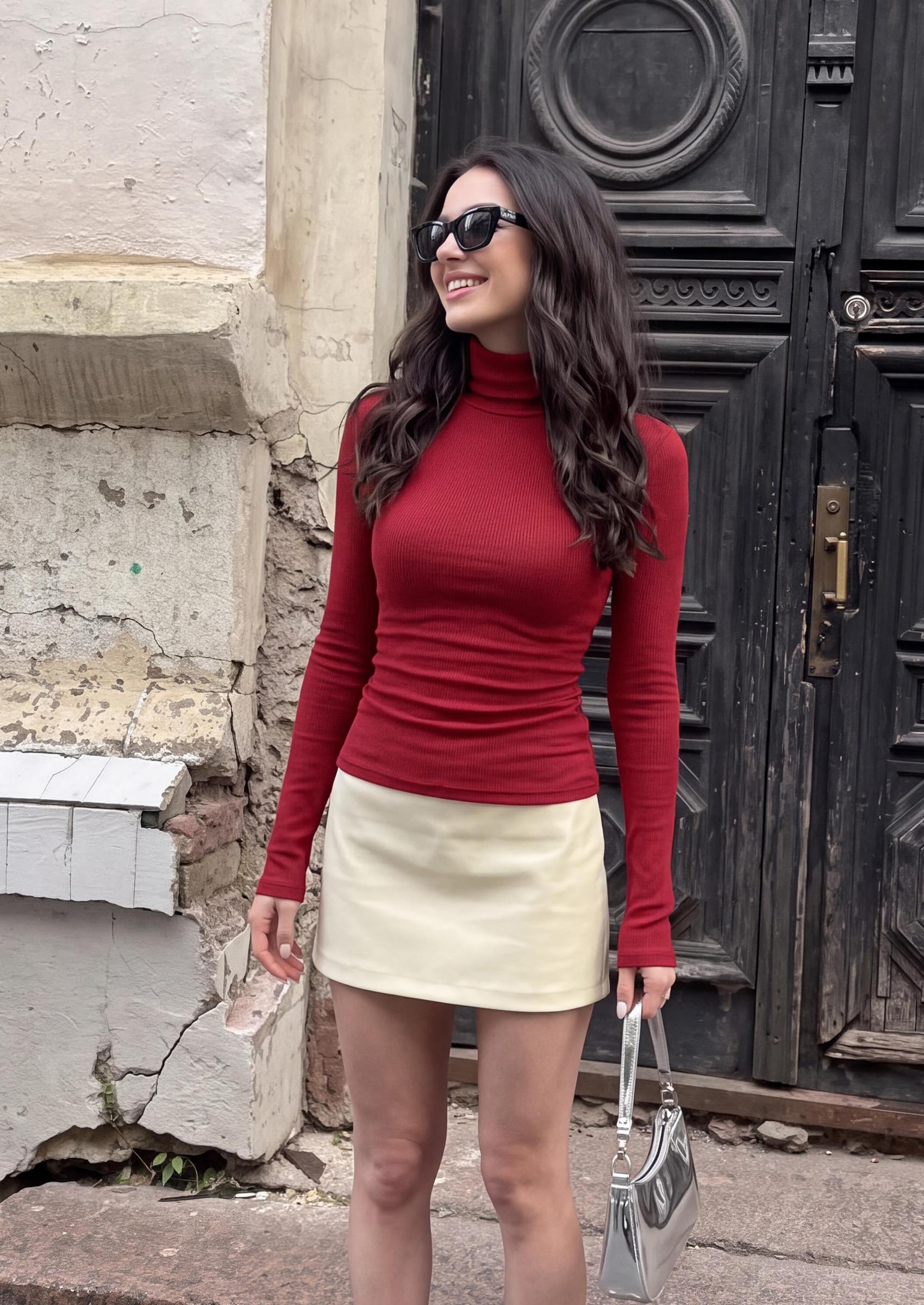 Turtleneck Tops for Women Long Sleeve Shirts, Red, XS