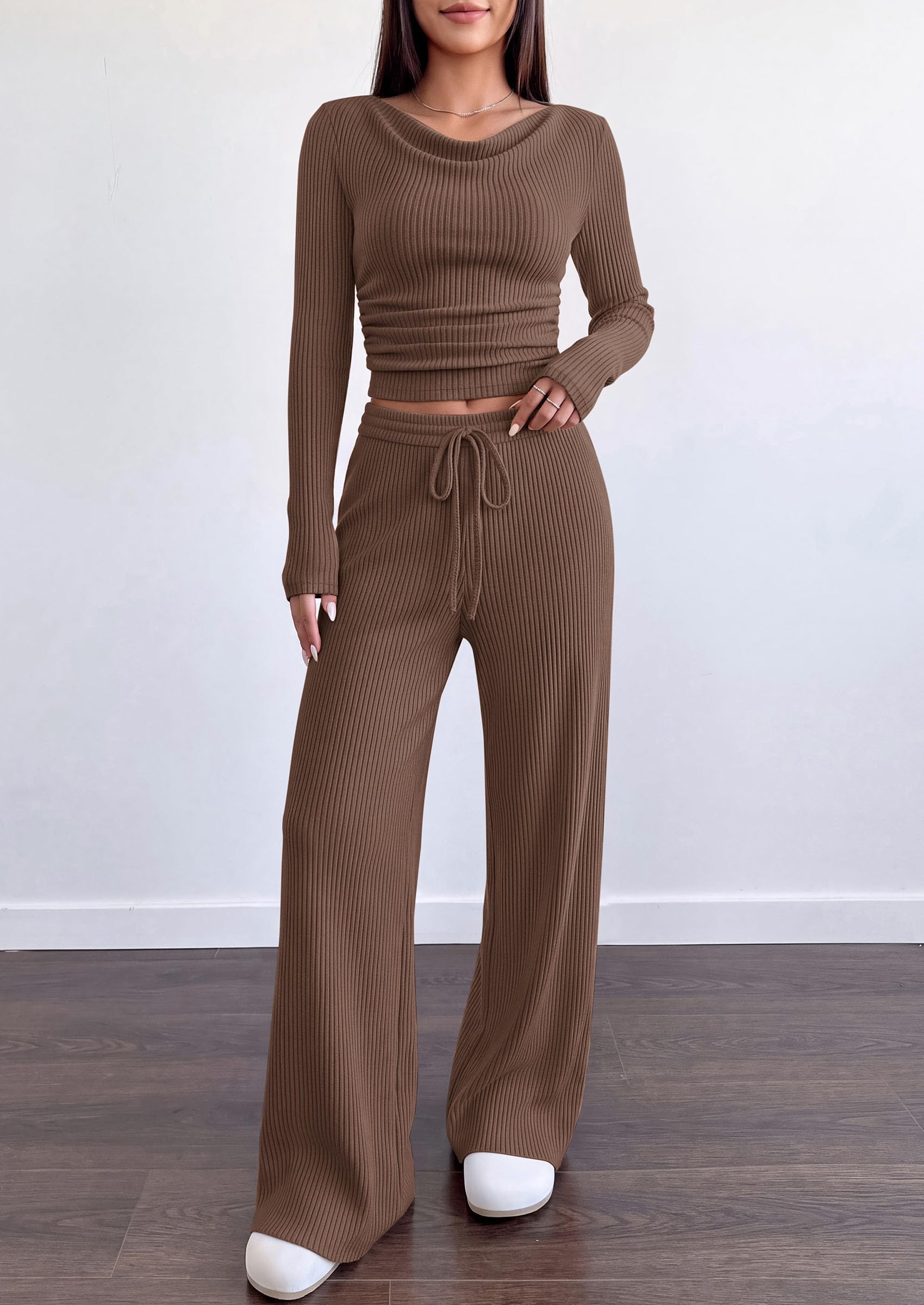 Matching Sets Women Clothing Fall Ribbed 2 Piece Lounge Set