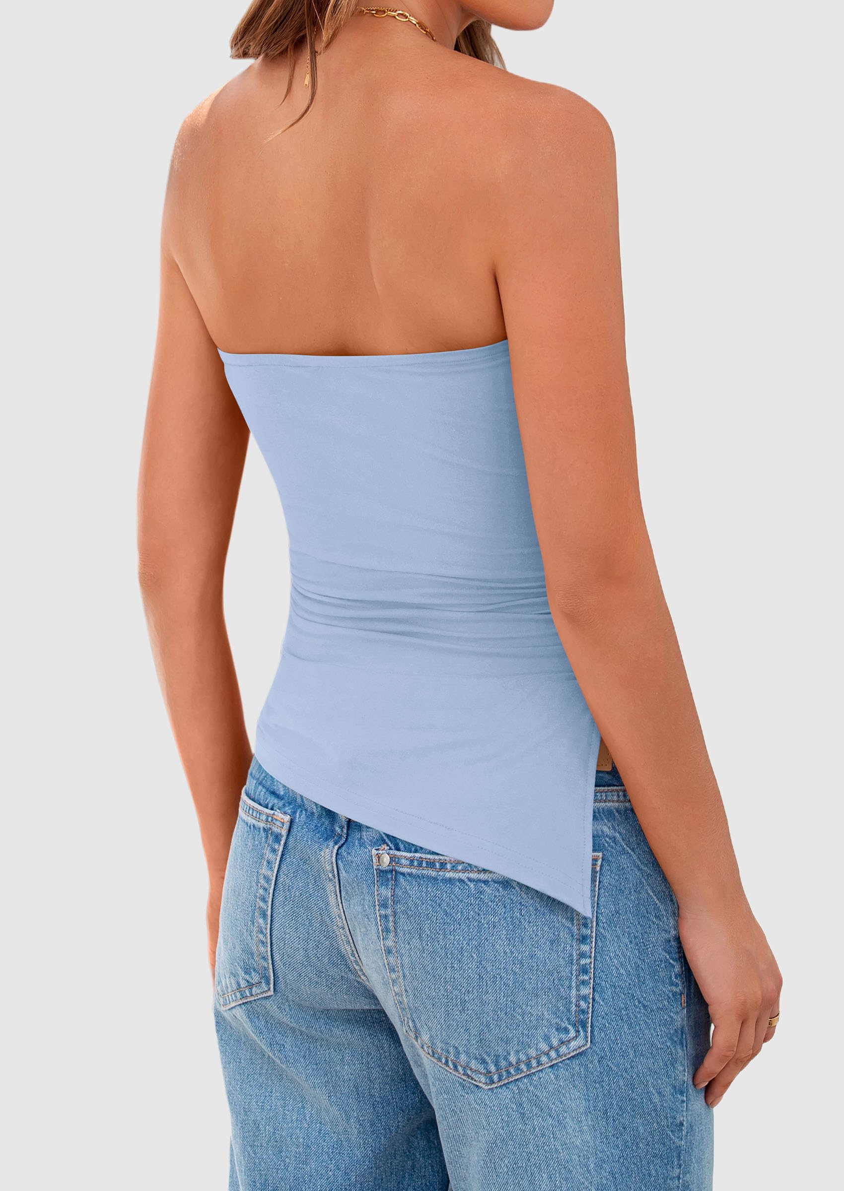 Women's Ruched Asymmetrical Strapless Tube Top, Light Blue,S