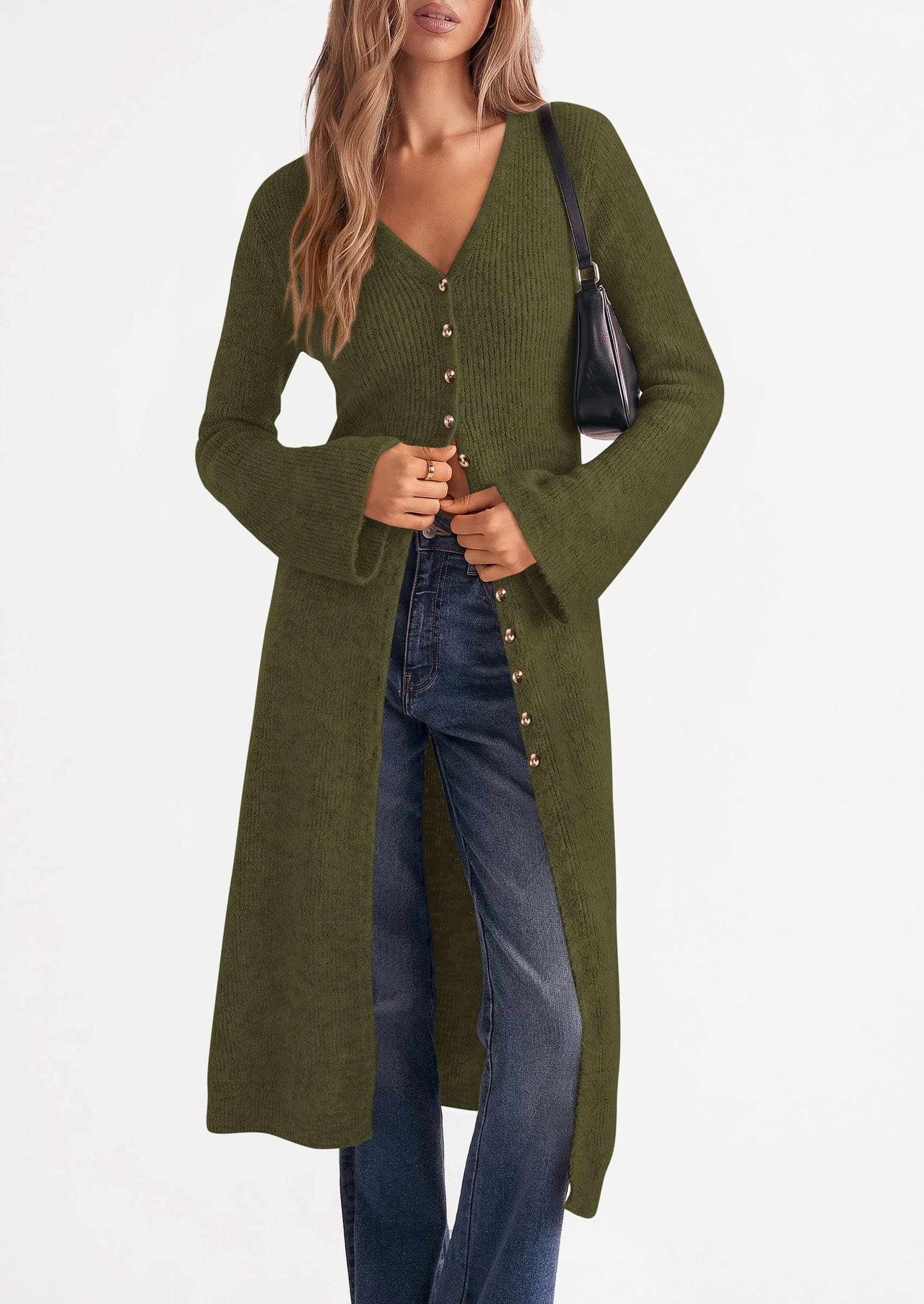 Women Long Cardigan Bell Sleeve Sweater Dress (Army Green,S)