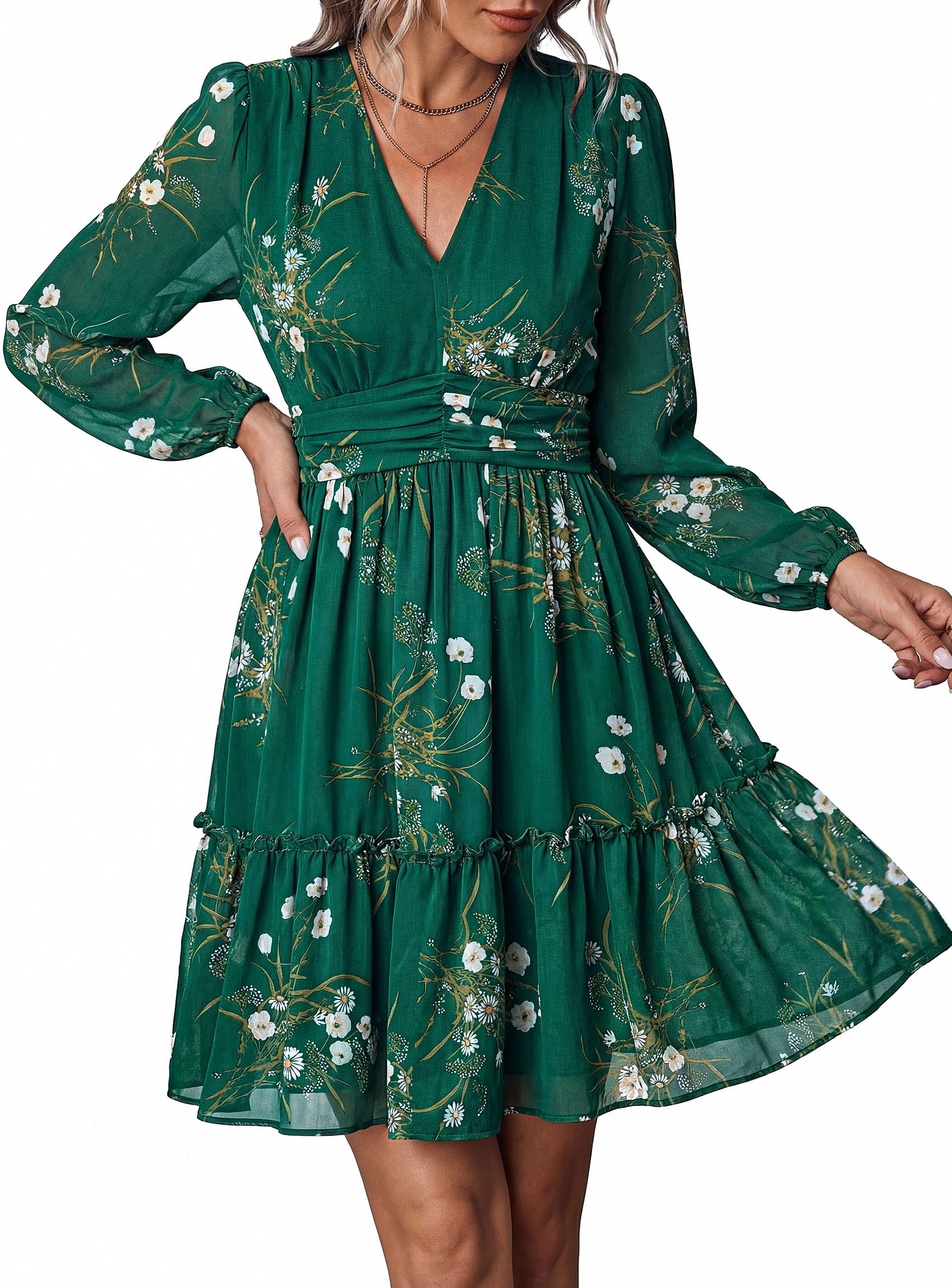 Women Floral Long Sleeve Mini Dress Fall Wedding Guest Dresses