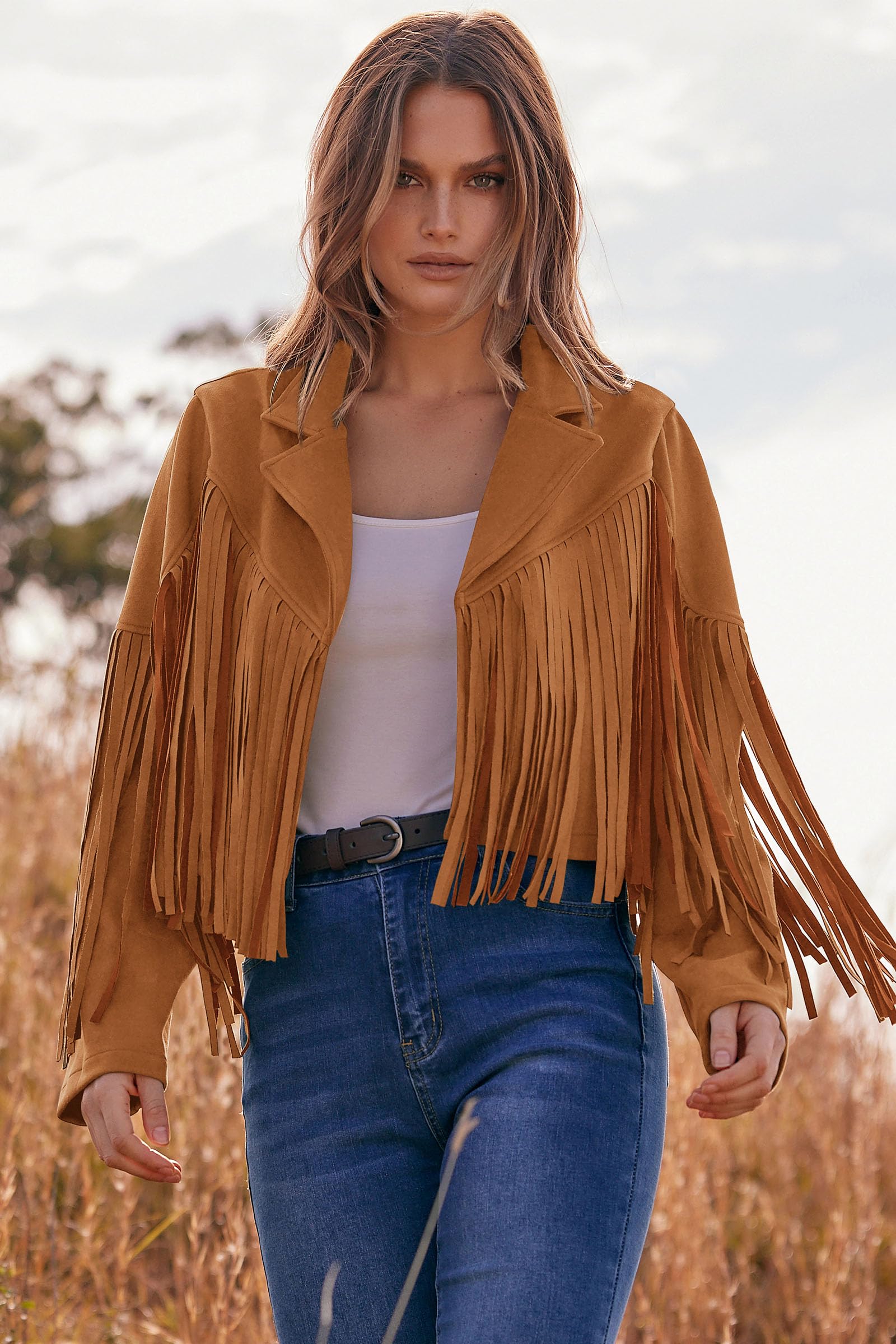 Women's Fringe Faux Suede Leather Jackets,Brown Yellow,M