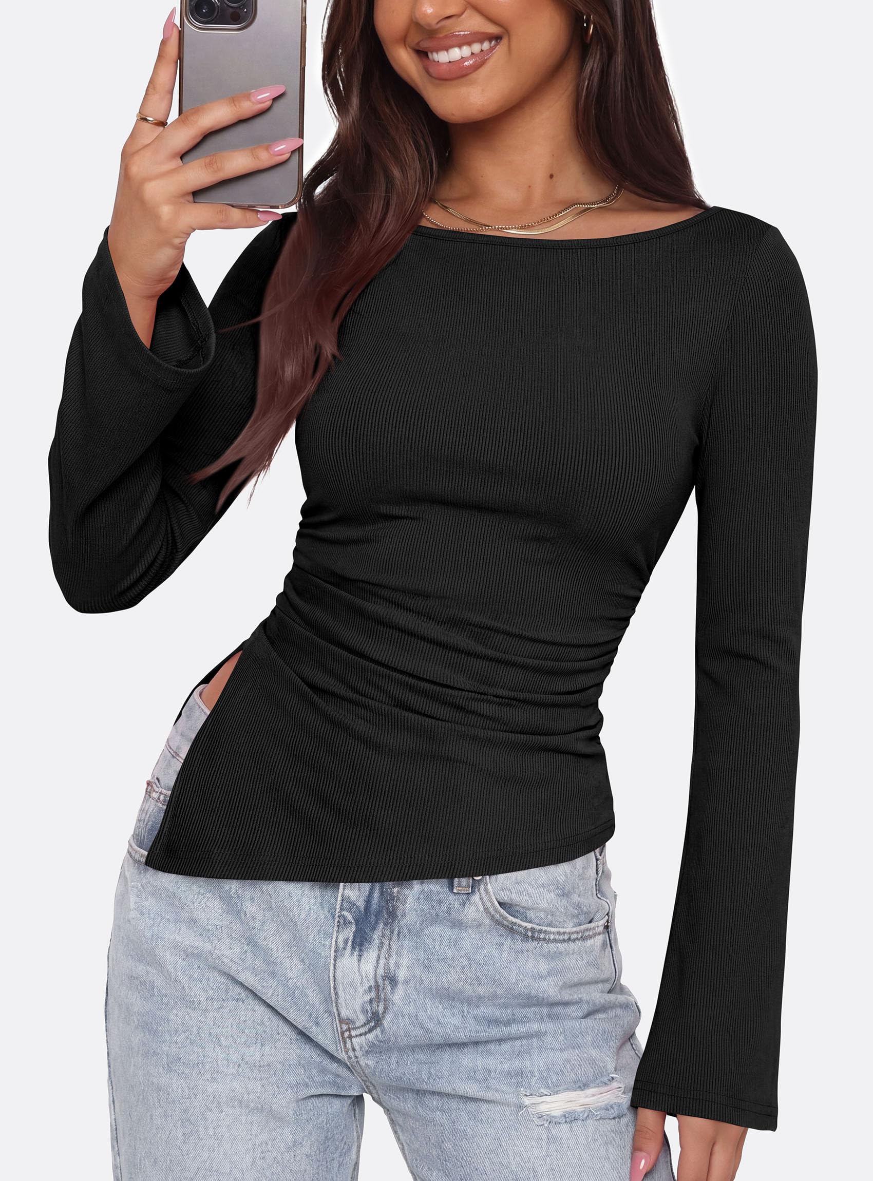 Womens Bell Long Sleeve Boat Neck Asymmetrical Tops Black,XS