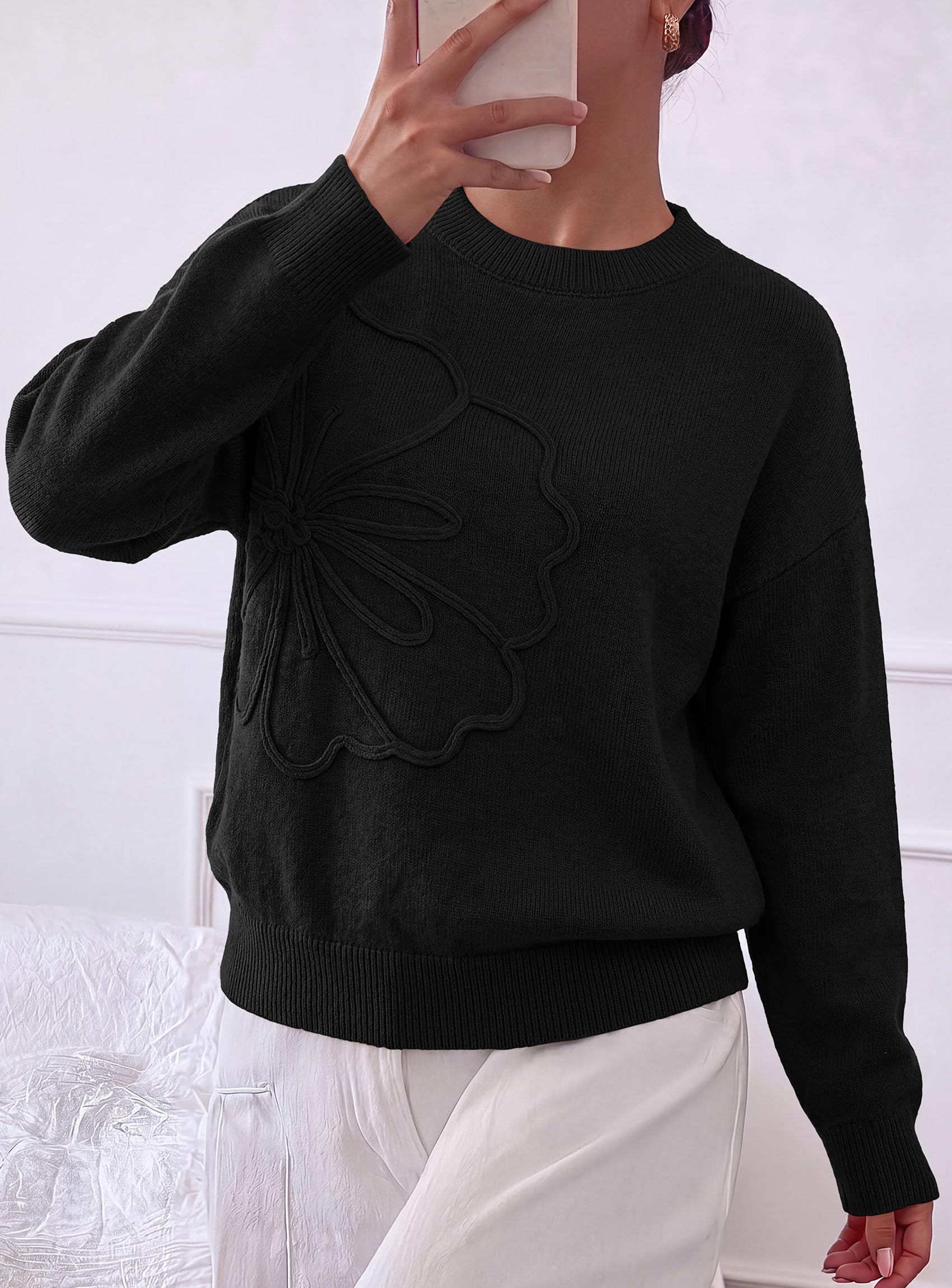 Womens Sweaters Floral Long Sleeve Knit Tops,Black,S