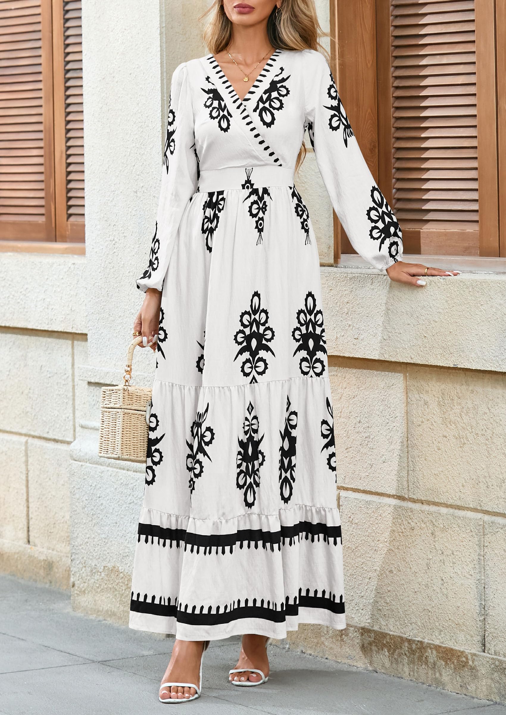 Women's Long Sleeve Floral Boho Maxi Wedding Guest Dress