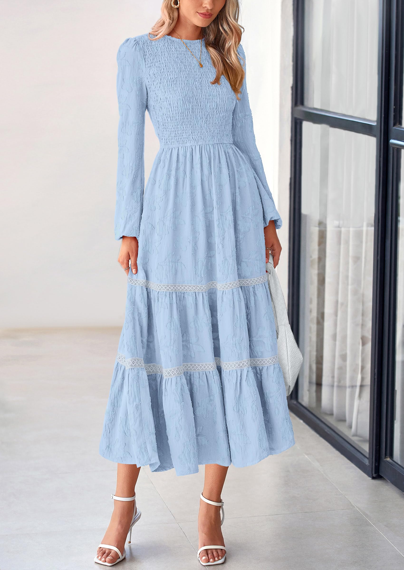 Women's Long Sleeve Boho Floral Midi Dress, Light Blue,M