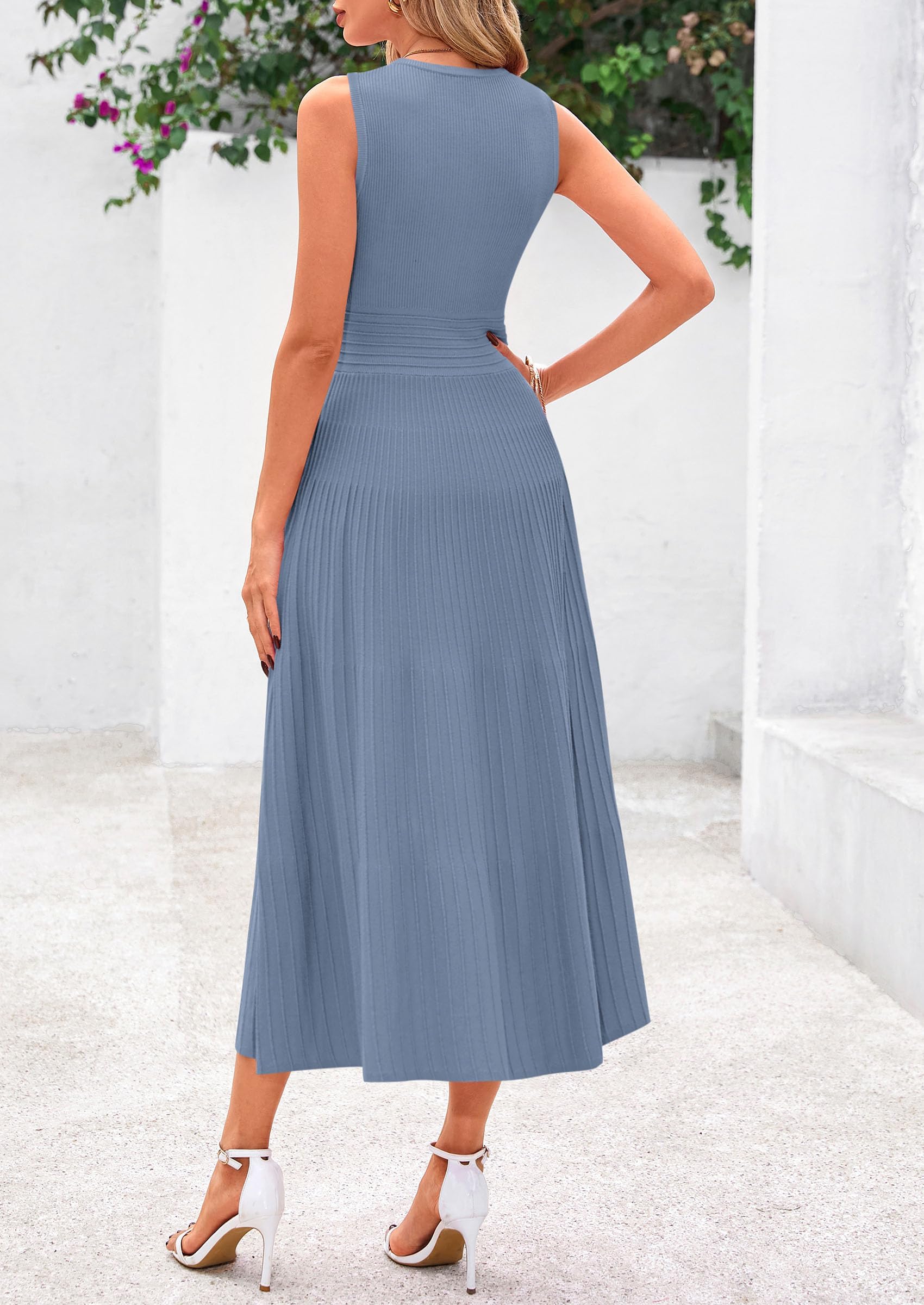 Women's Summer Pleated Midi Work Dress,Blue Grey,S