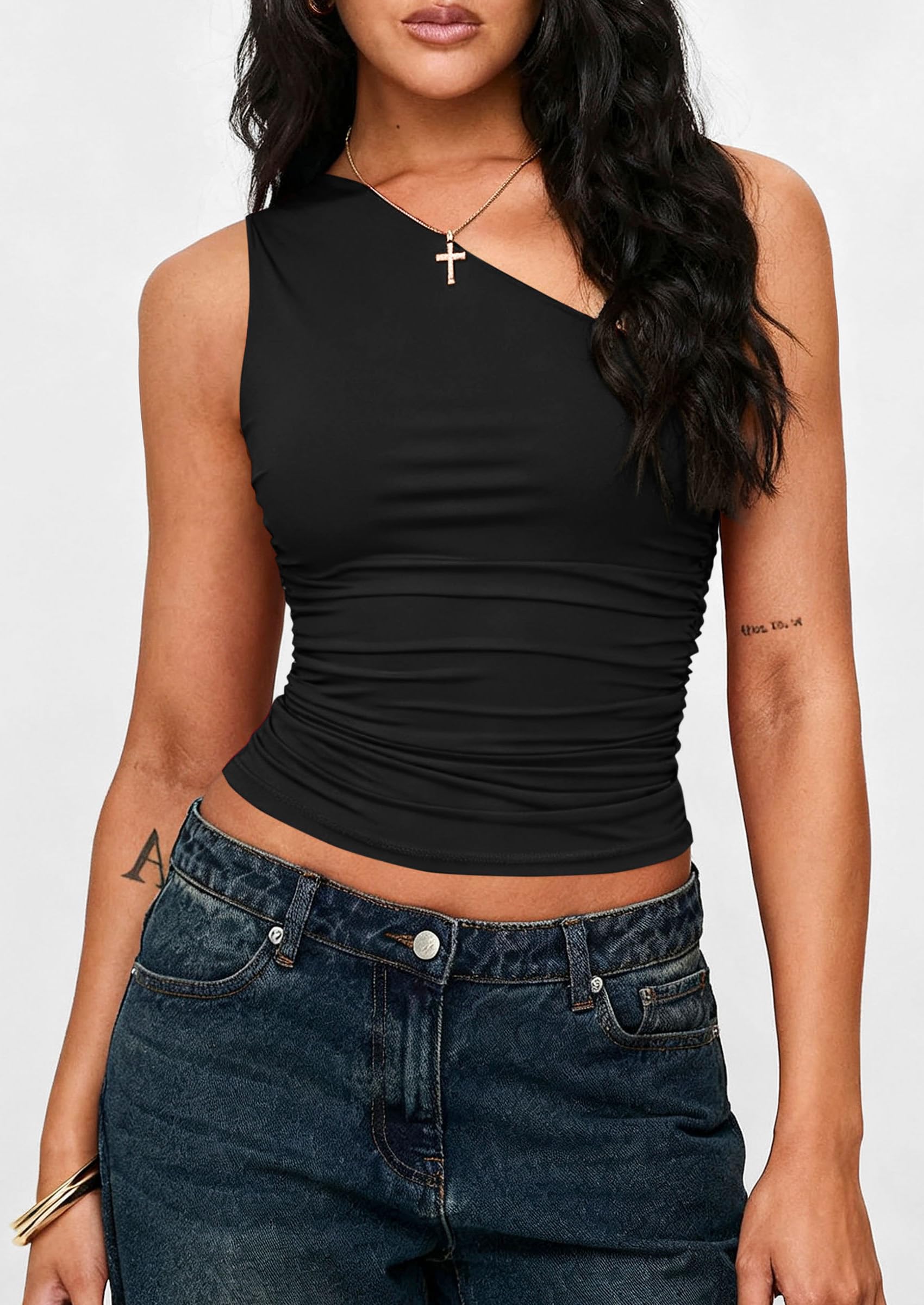 Womens Sleeveless One Shoulder Fitted Y2k Tops,Black,XS