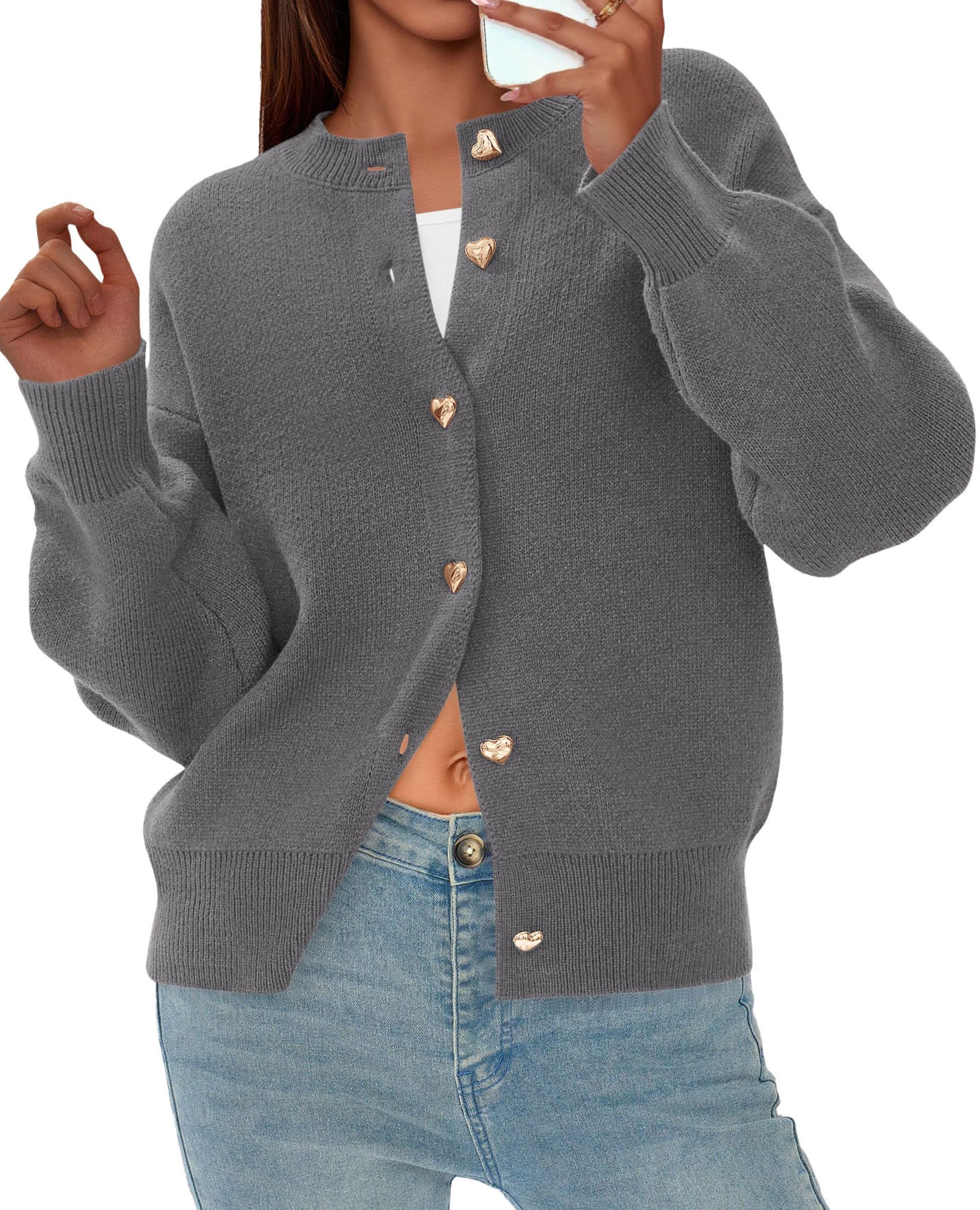 Women's Long Sleeve Button Up Cardigan,Grey,S