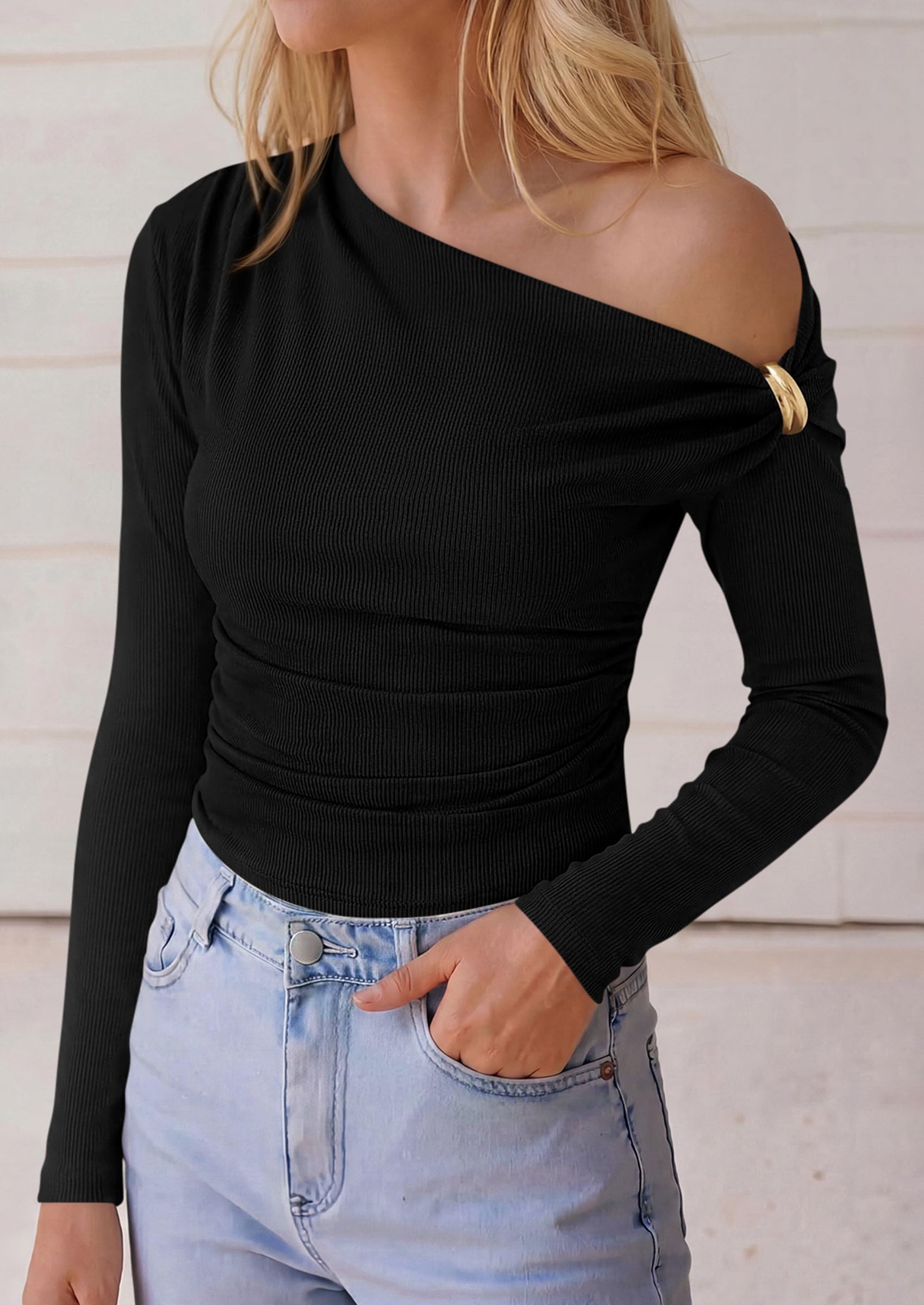 Womens Off The Shoulder Asymmetrical Tops Long Sleeve Shirts