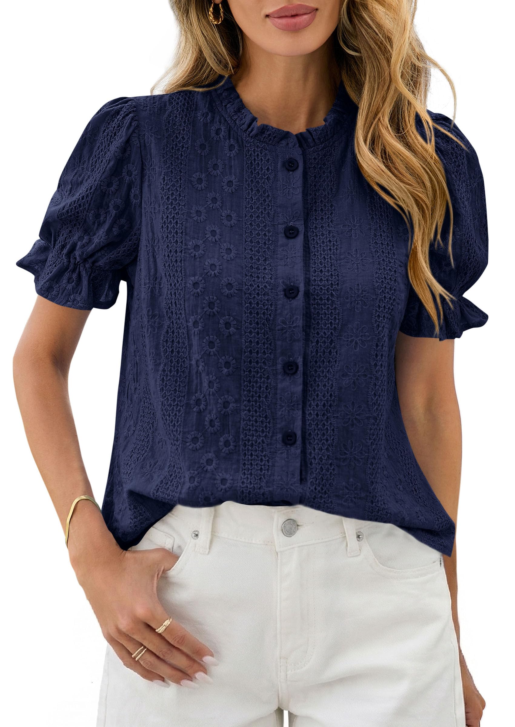 Womens Embroidered Puff Short Sleeve Tops,Navy,S