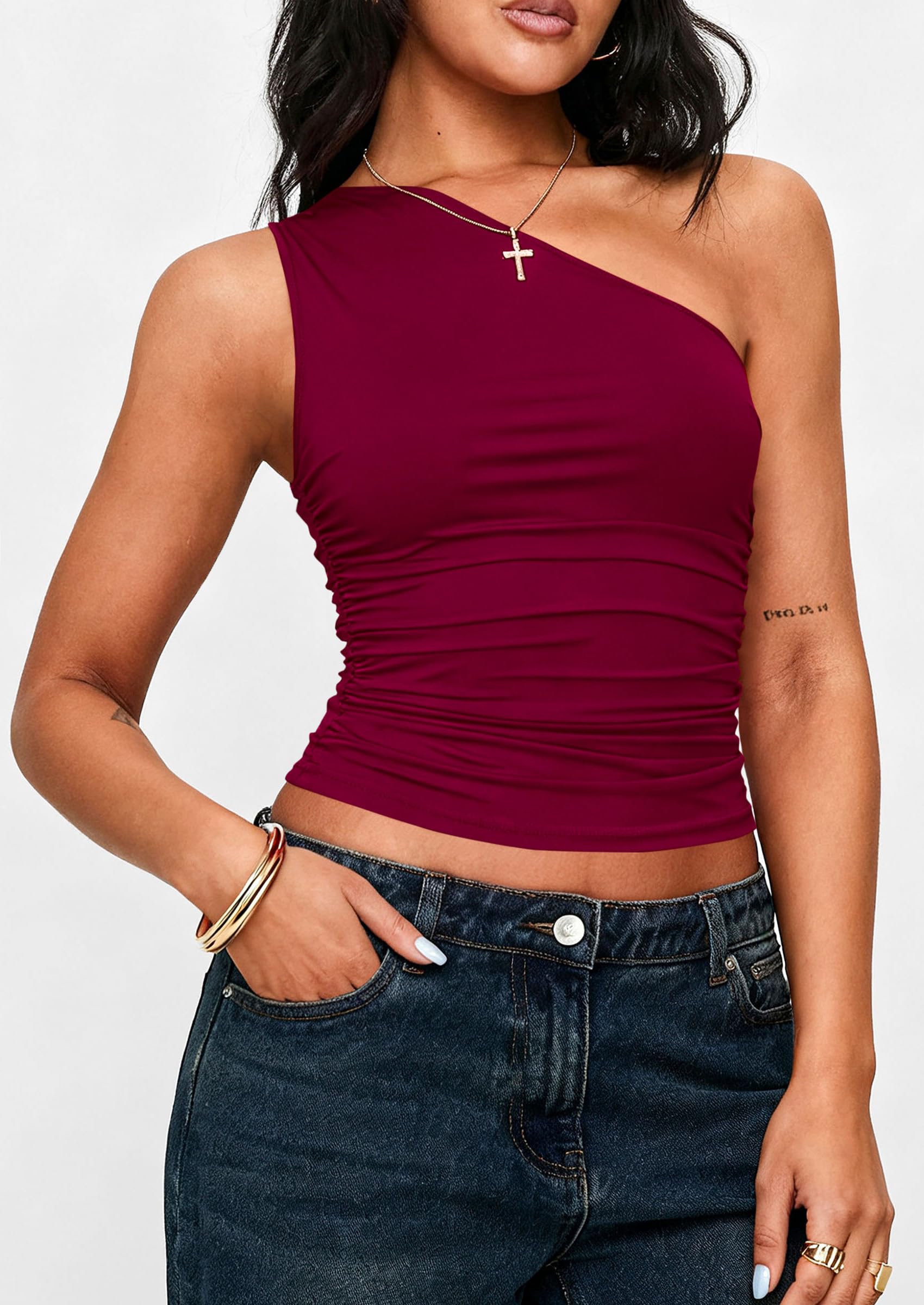 Womens Sleeveless One Shoulder Fitted Y2k Tops,Wine Red,XS