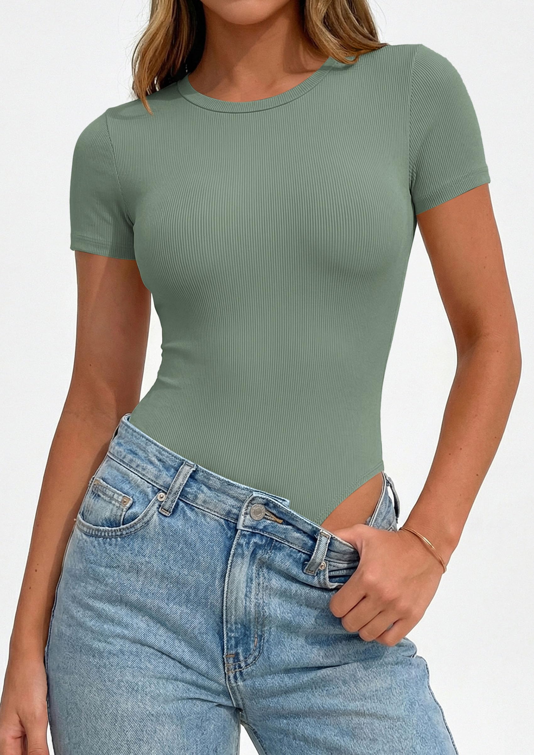 Body Suits for Womens Short Sleeve Summer Tops, Sage Green,S