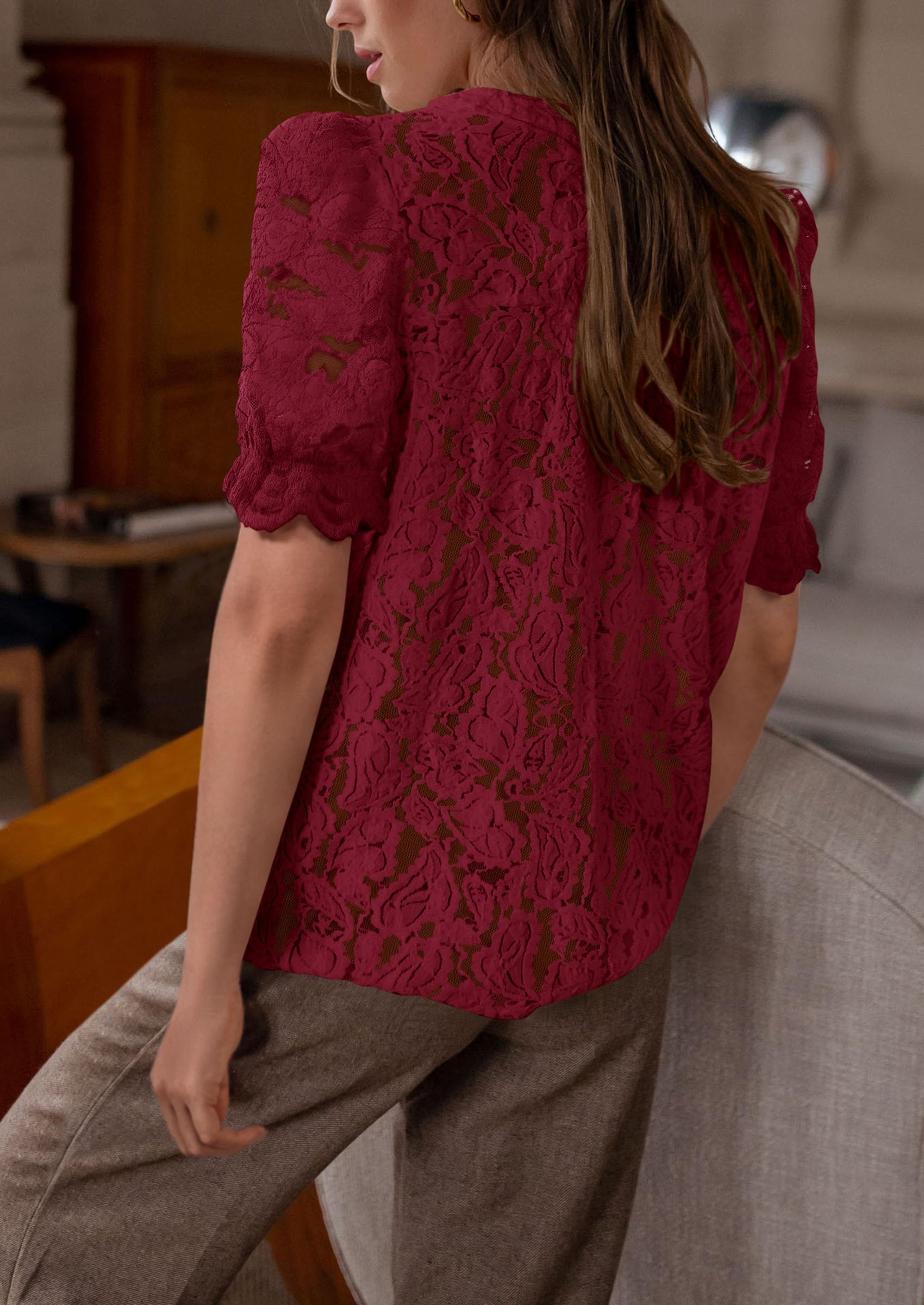 Womens Lace Tops Button Down Short Sleeve Shirts,Wine Red,S
