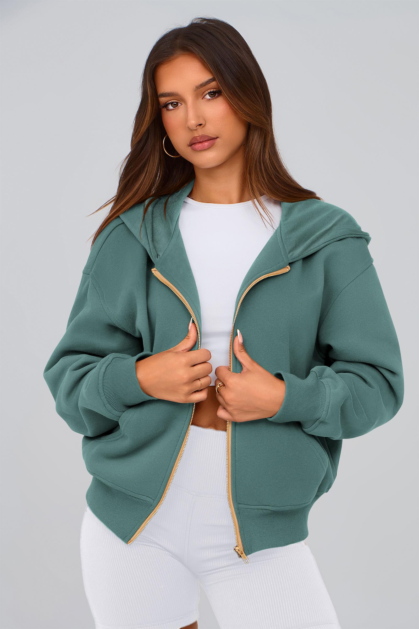 Hoodies for Women Fall Fashion Zip Up Fleece Plain Sweatshirt