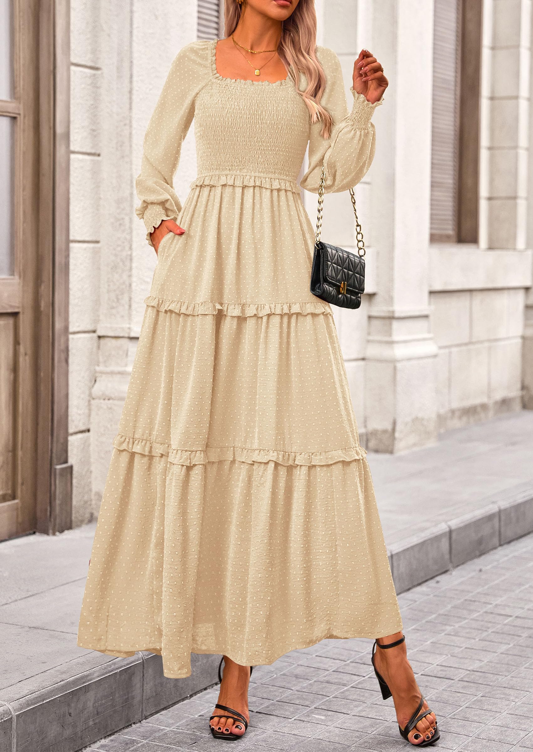 Women's Smocked Long Sleeve Maxi Dress Wedding Guest Dresses
