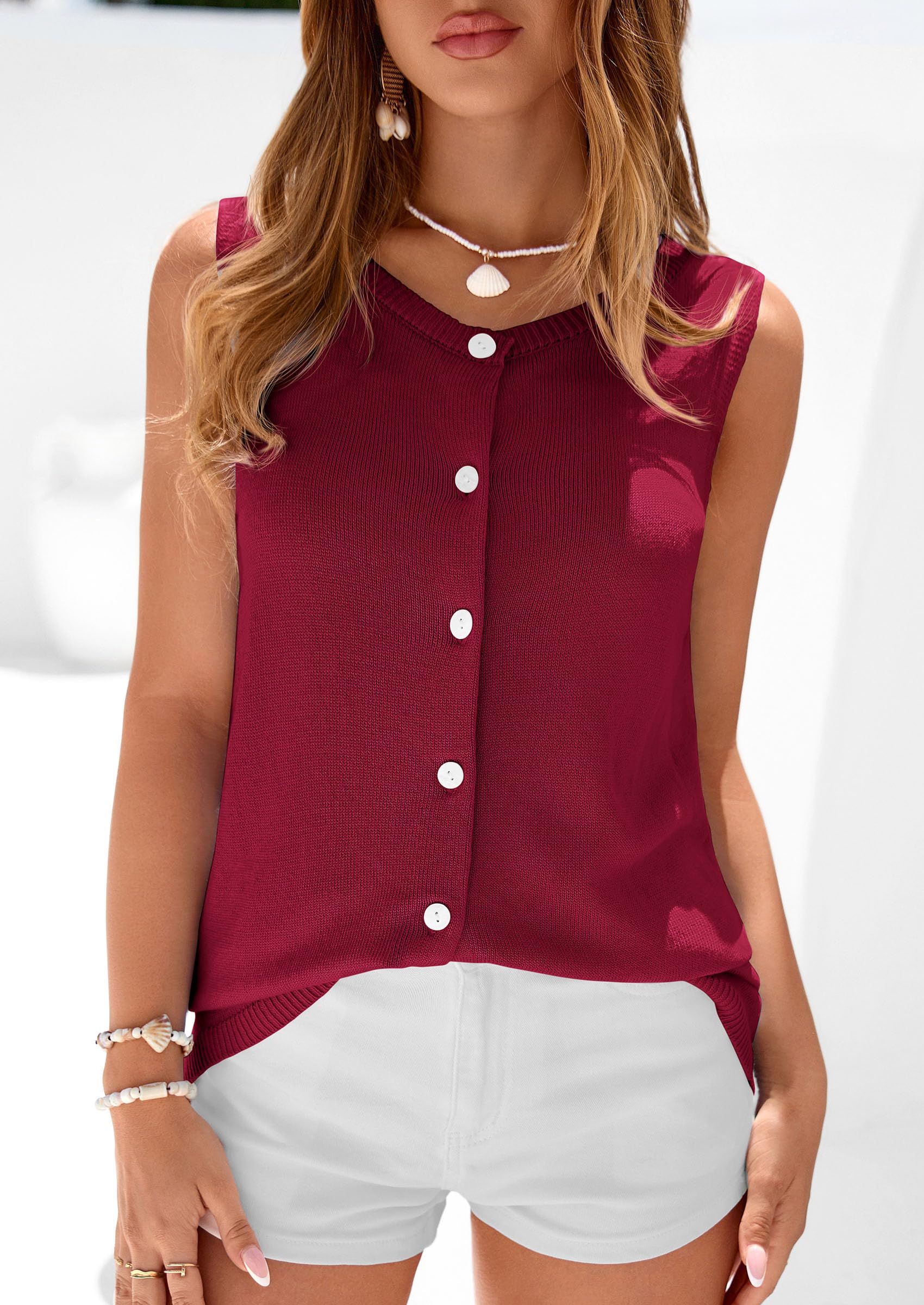 Women's Summer Button Up Sweater Vest Tops,Burgundy,S