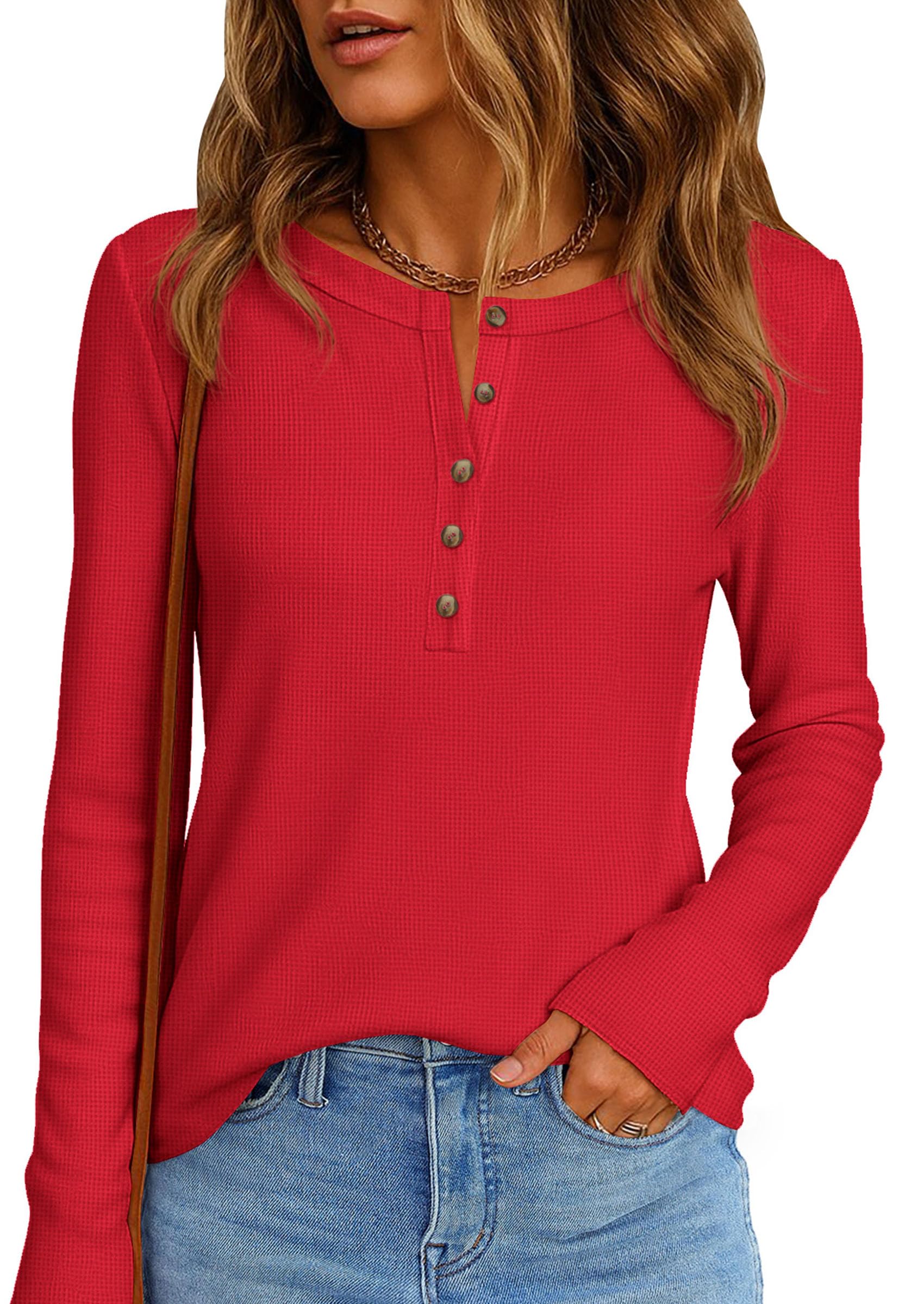 Women's Long Sleeve Waffle Knit Henley Shirts Loose Tunic Tops