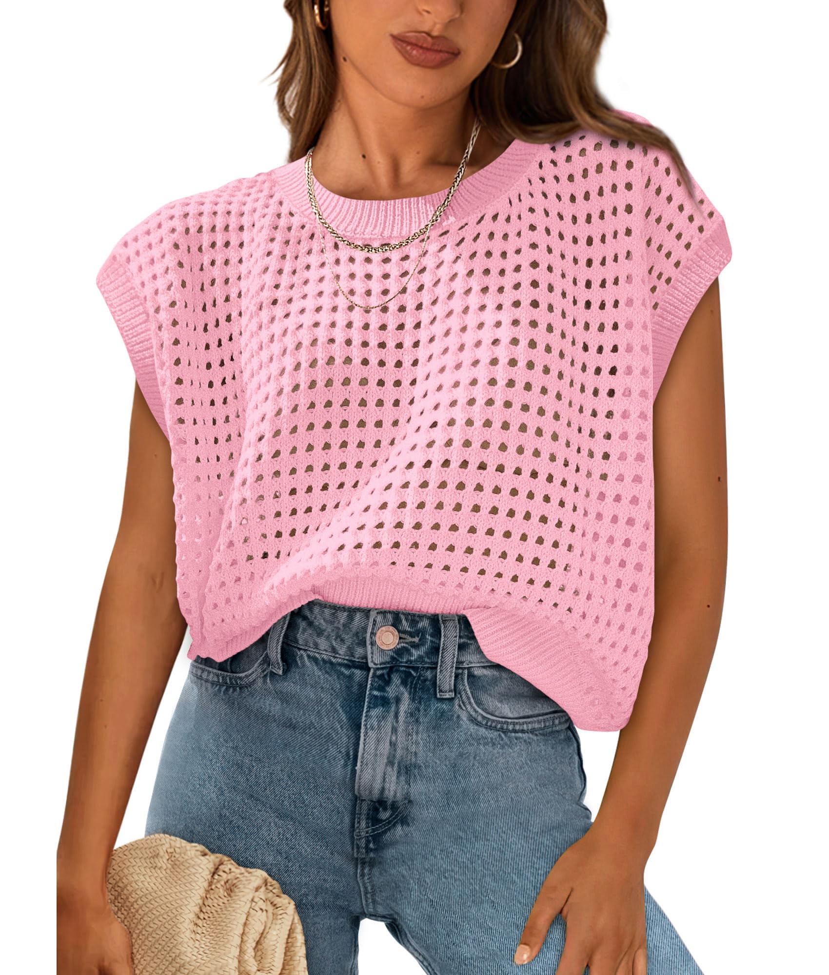 Women's Summer Crochet Cap Sleeve Sweater Tops,Pink,S
