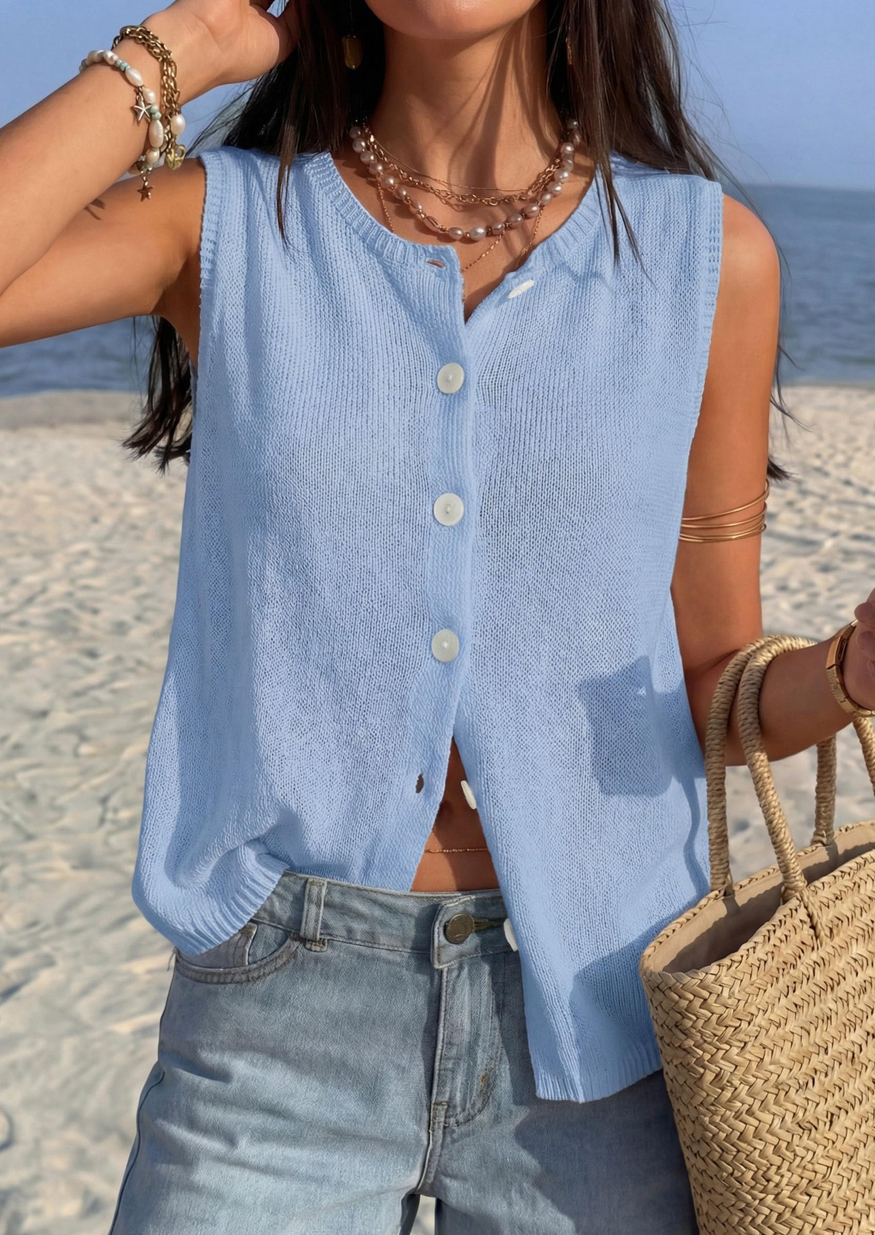 Women's Summer Button Up Sweater Vest Tops,Light Blue,S