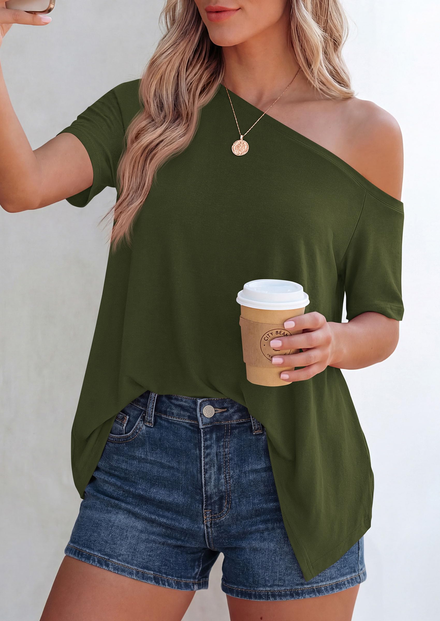 Off Shoulder Tops for Women Oversized Tshirts, Army Green,S