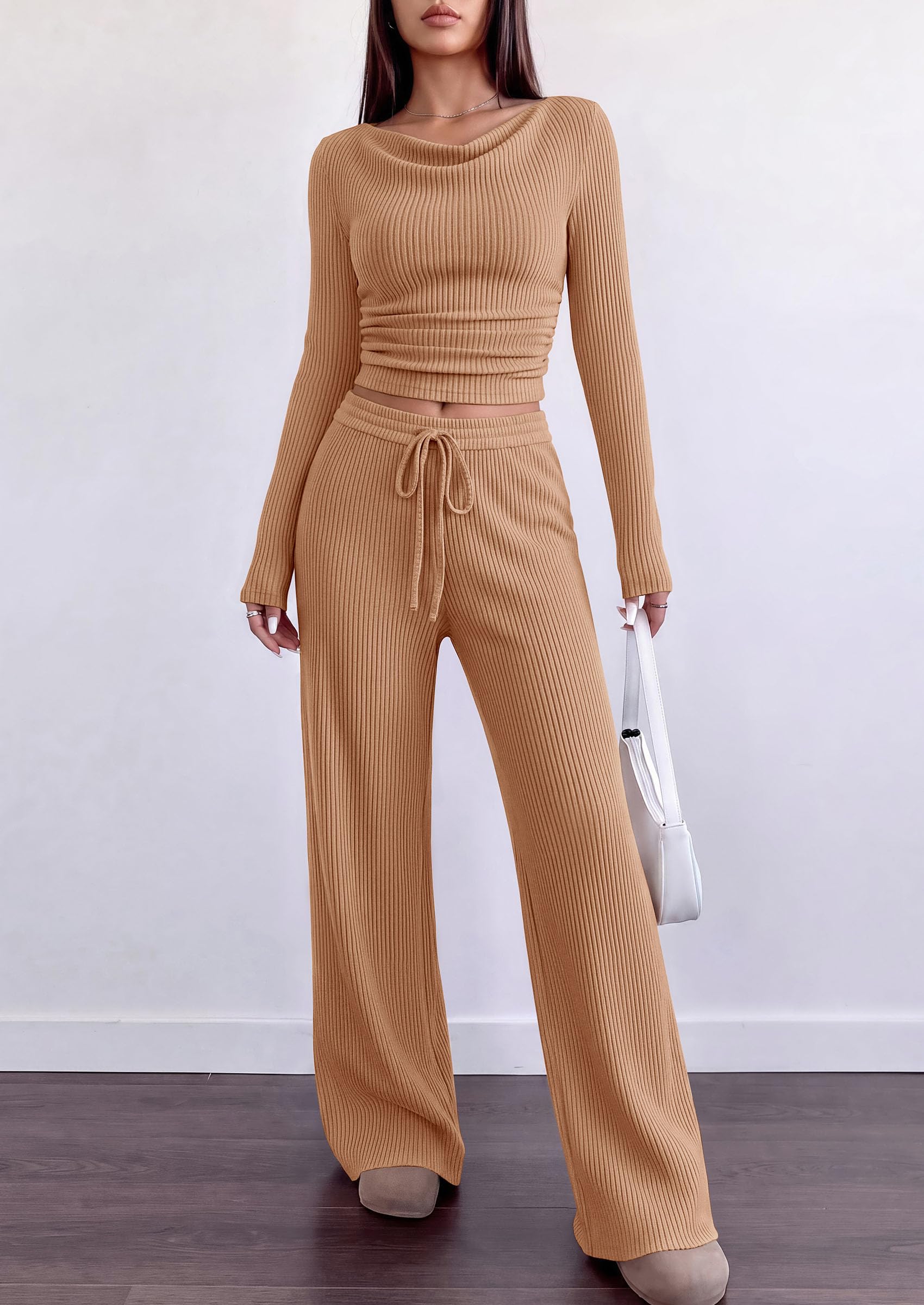 Matching Sets Women Clothing Fall Ribbed 2 Piece Lounge Set