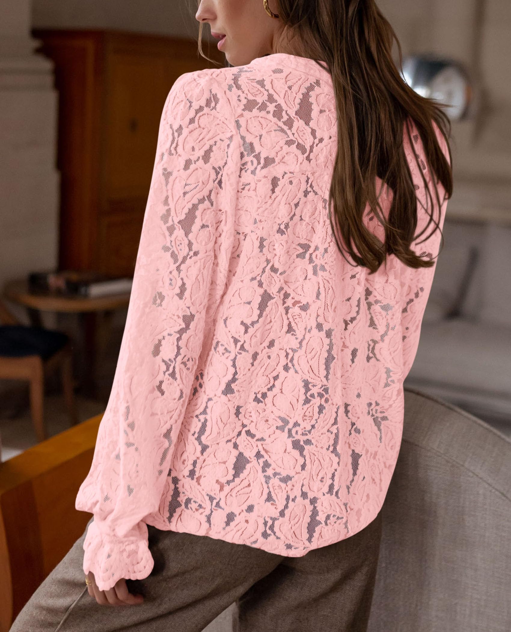 Women's Fall Trendy Long Sleeve Lace Tops(Pink,Small)