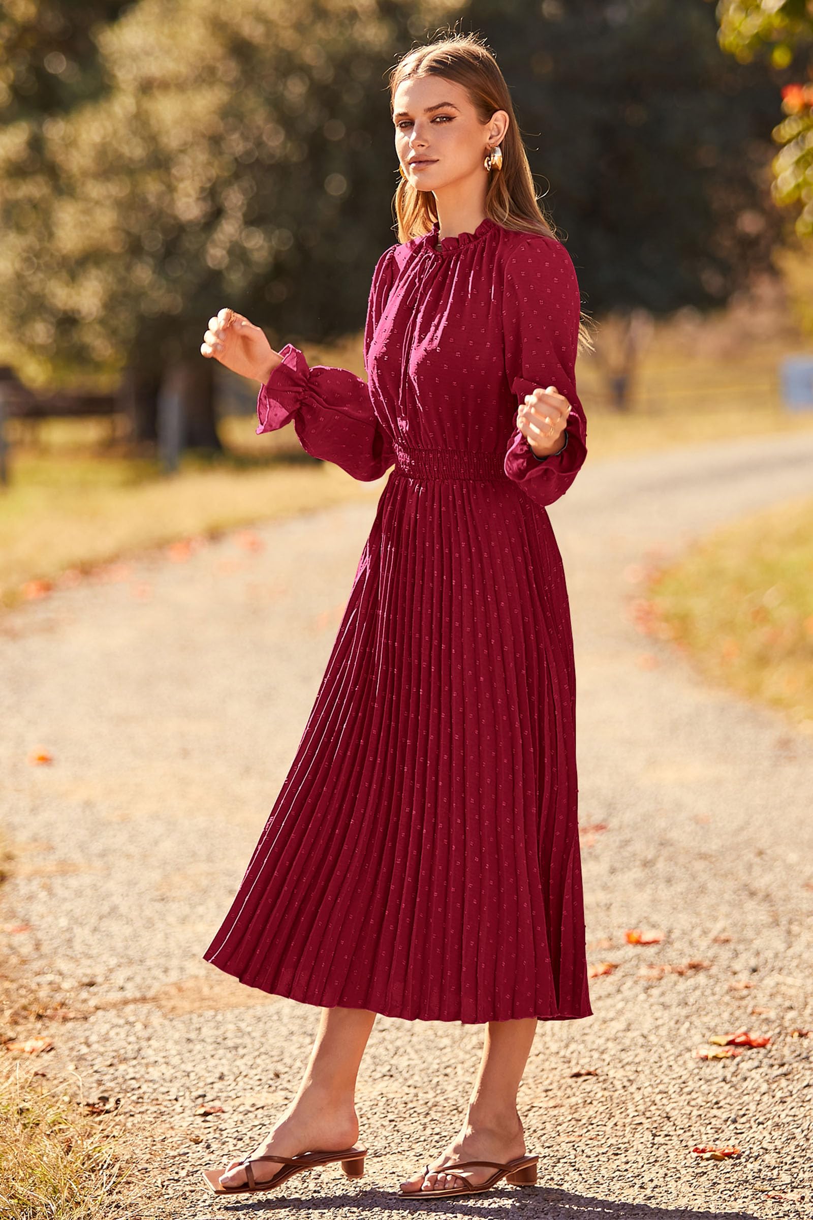 Womens Pleated Midi Dress Casual Long Sleeve V Neck Swiss Dot Beach Flowy Dresses (Wine Red,Small)