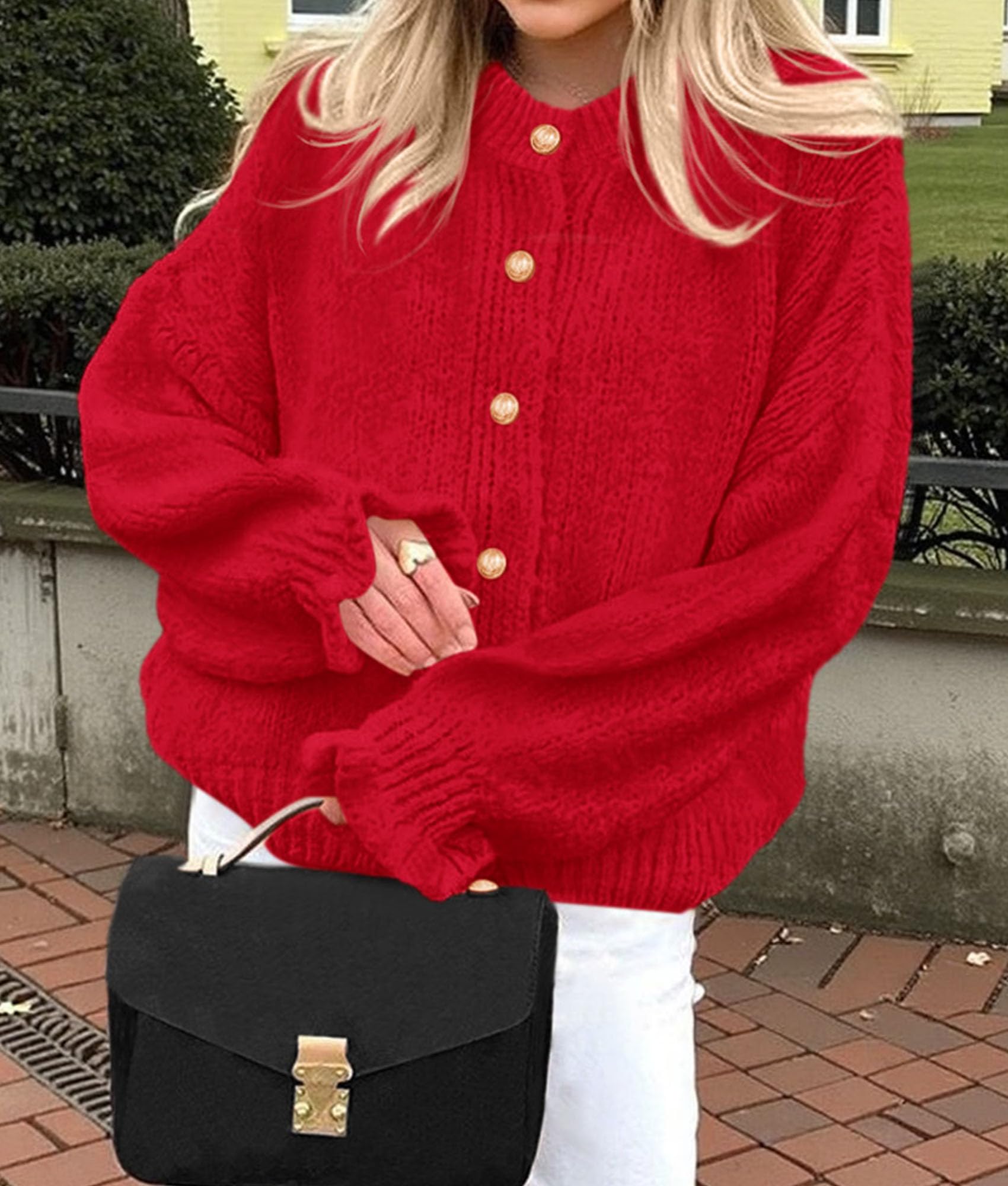 Womens Long Sleeve Chunky Knit Cardigan Sweaters,Red,S