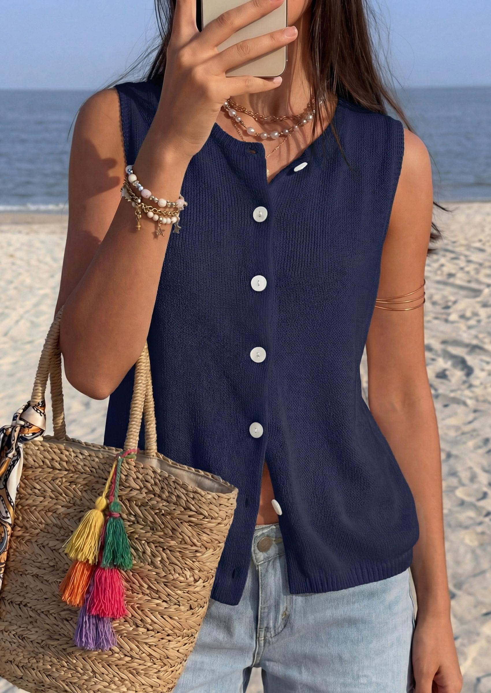 Women's Summer Button Up Sweater Vest Tops,Navy Blue,S
