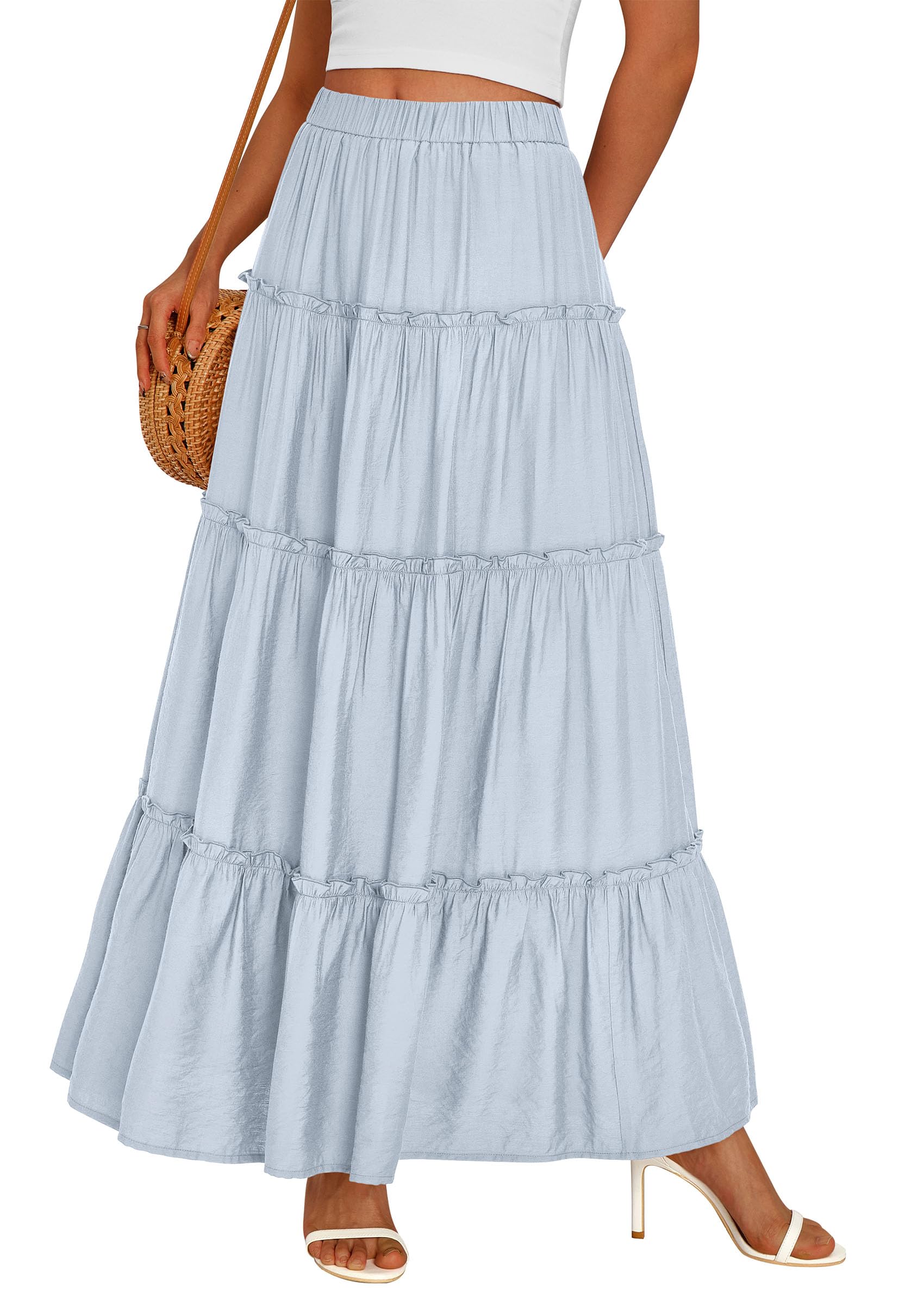Women's Boho Tiered Ruffle Flowy Maxi Skirt, Light Blue,S
