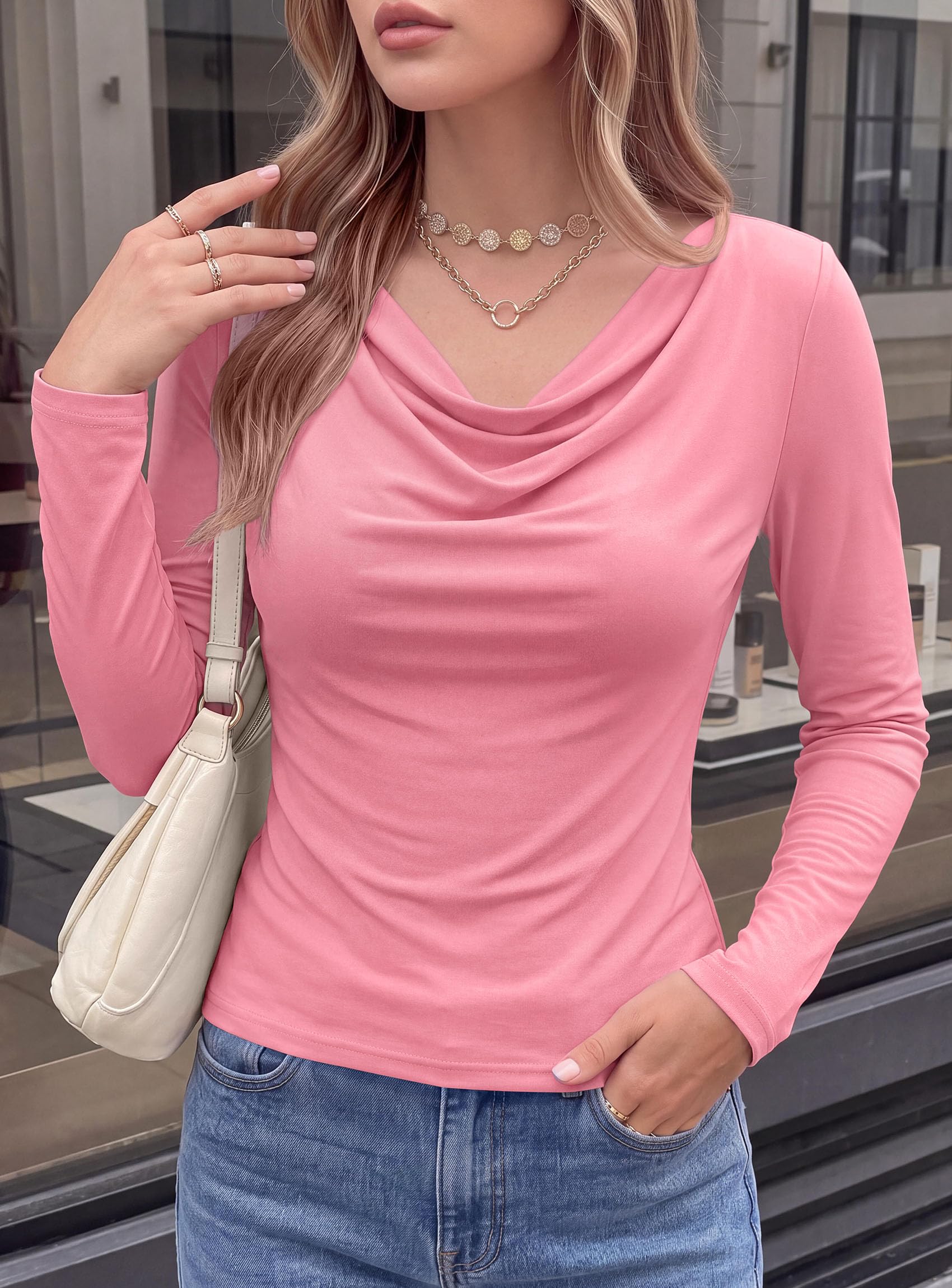 Cowl Neck Tops for Women Fashion Long Sleeve Shirt Pink